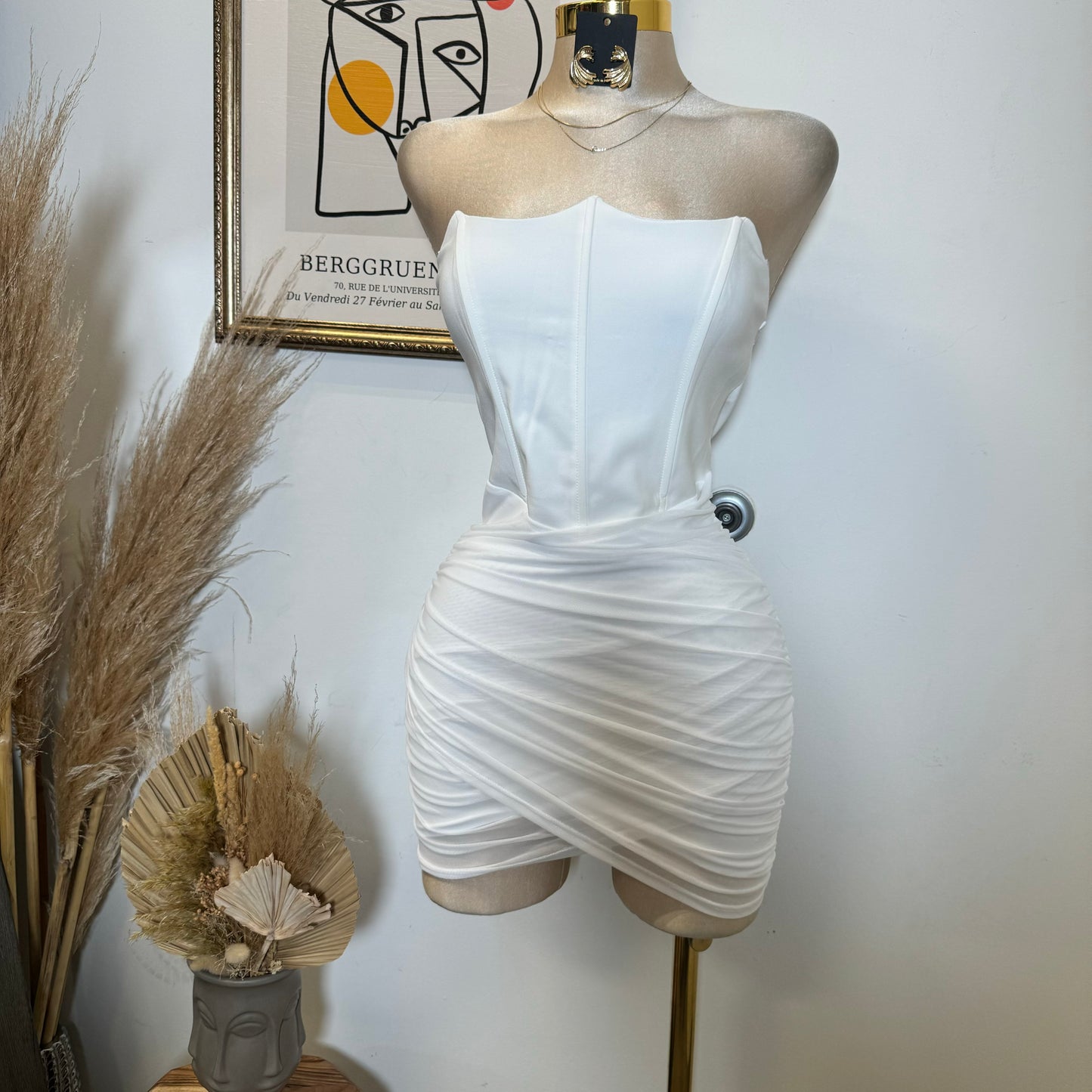 Stretch Woven Corset Detail Mesh Ruched Mini Tube Dress-White