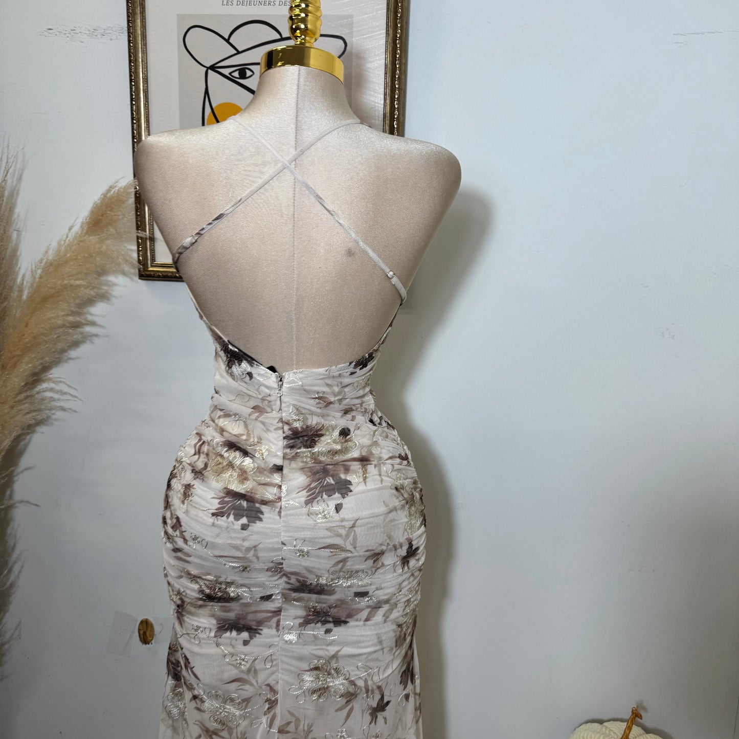 Deep Plunge Halter Neck a-Line Midi Dress-Brown