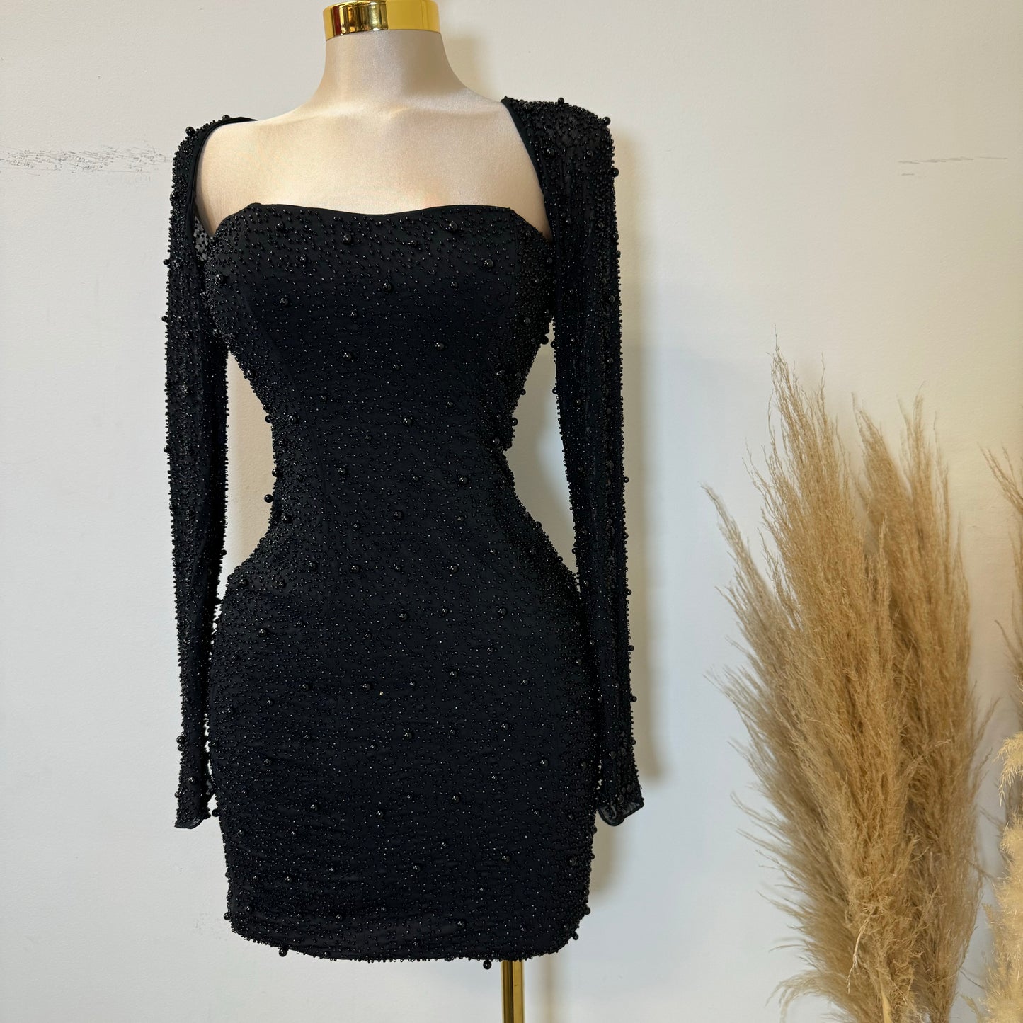 Square Neck Embesllised Dress-Black1