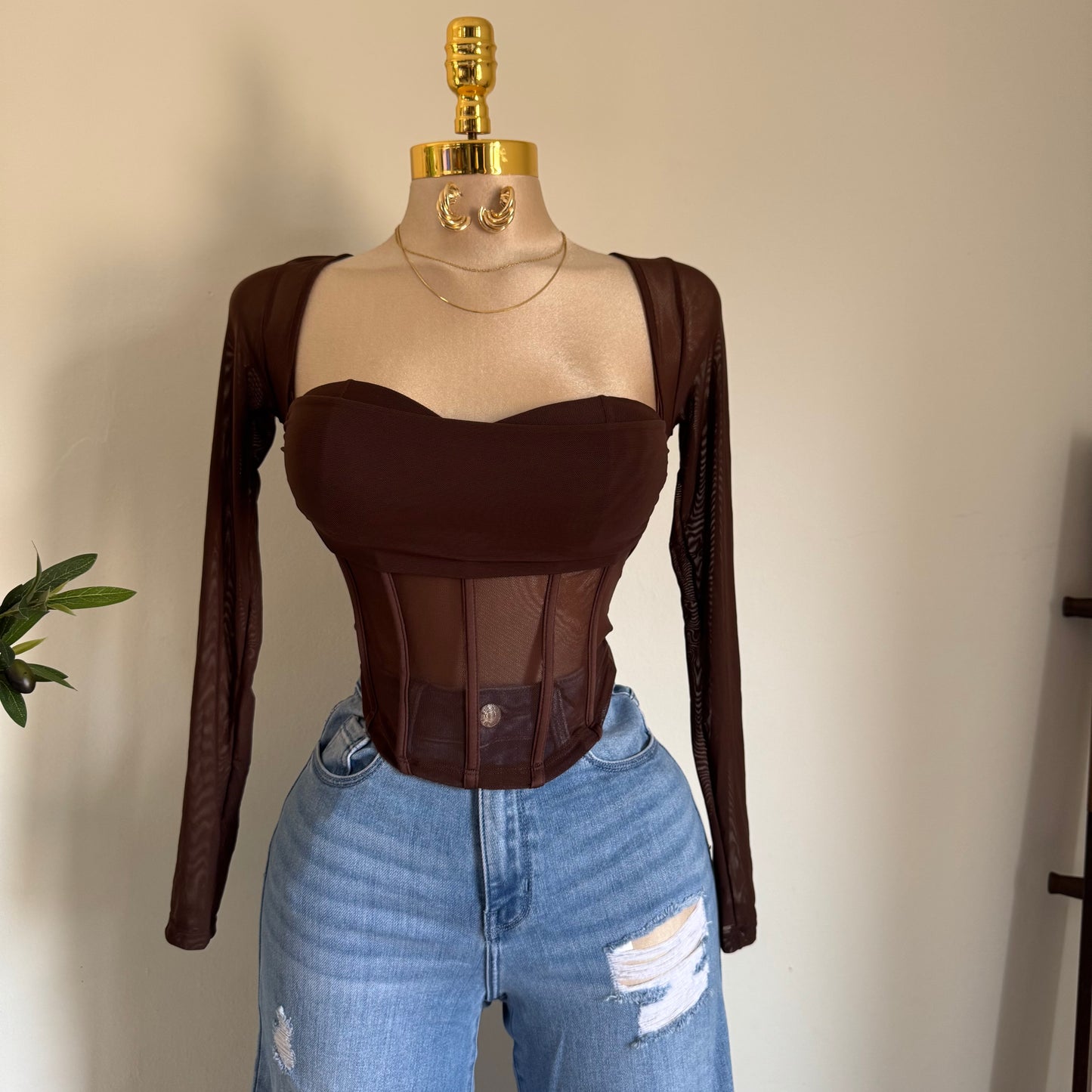 Mesh Long Sleeve Top-Chocolate