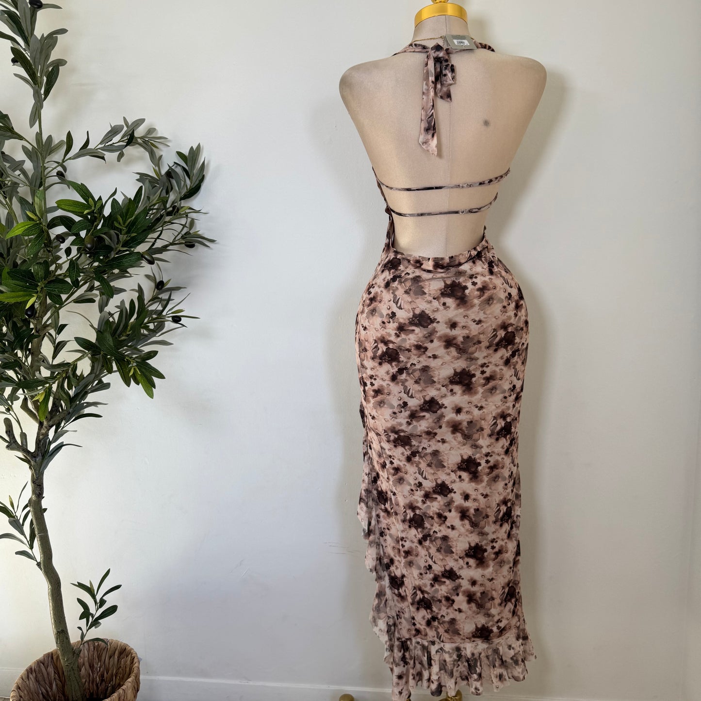 Halter Open Slit Dress-Brown