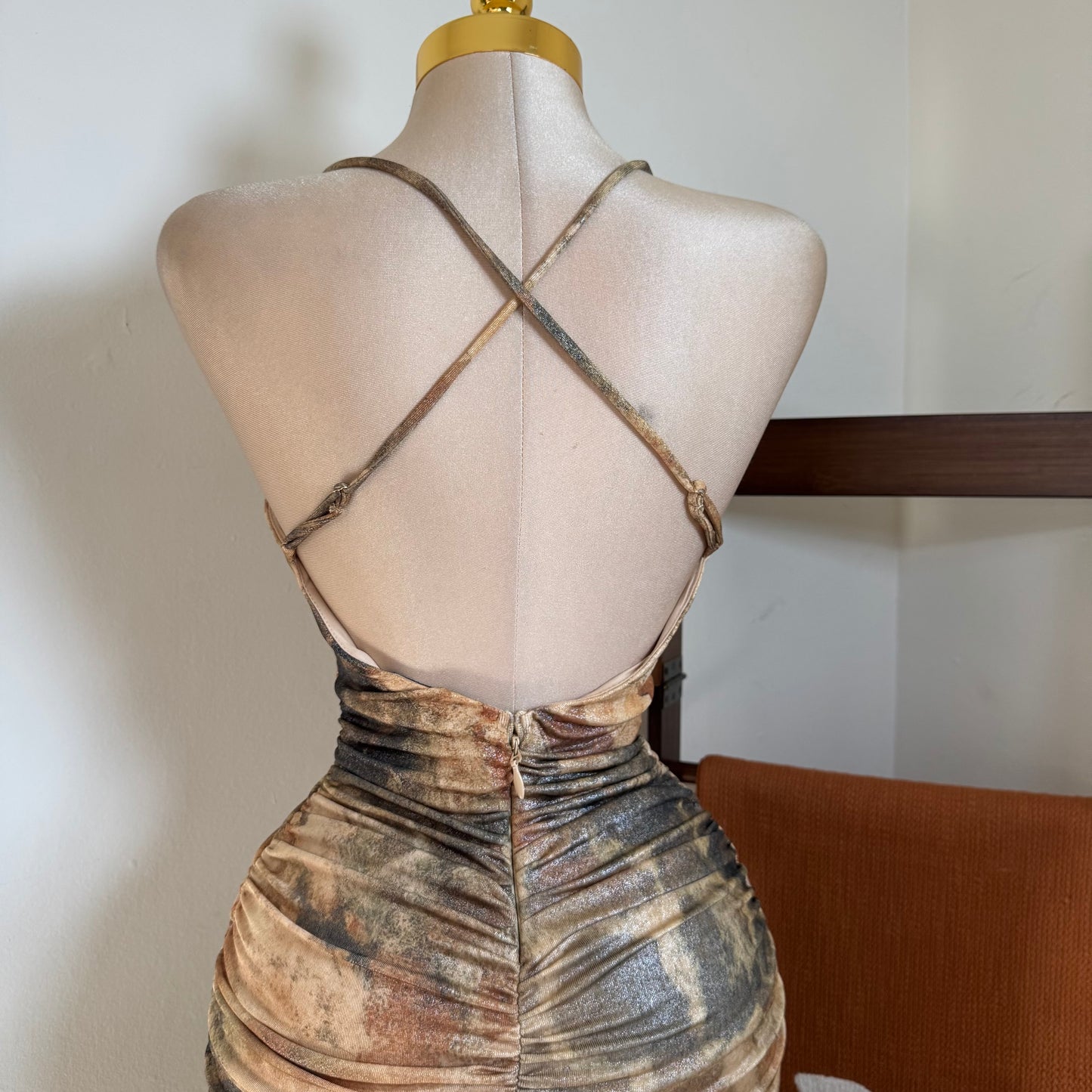 Deep Plunge Halter Neck Ruched A-Line Midi Dress-Brown Gold Multi