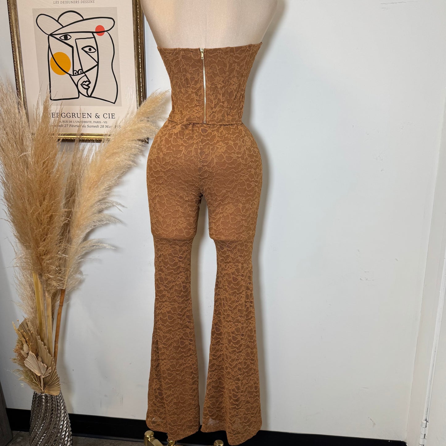 Lace Corset Flare Pant Set-Brown