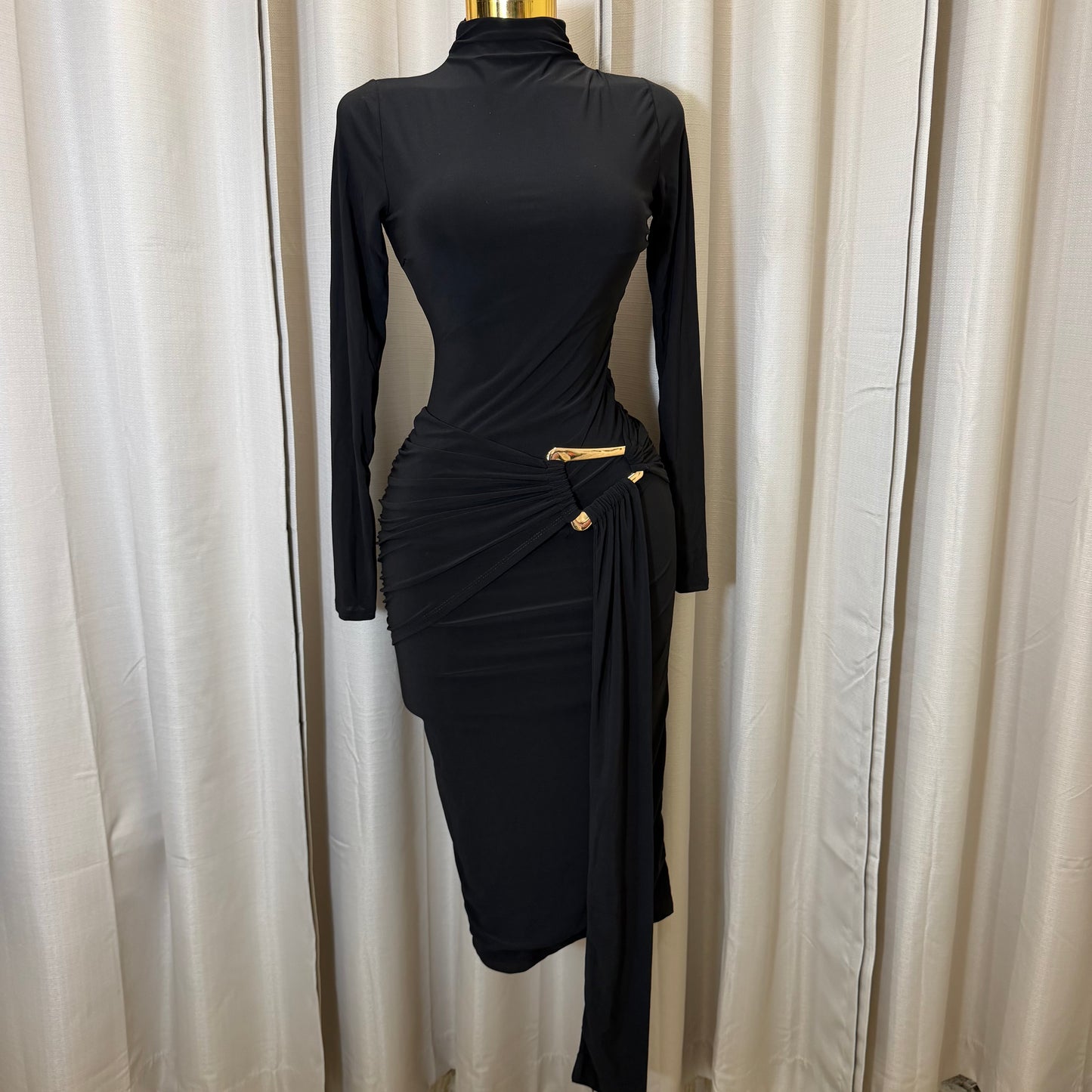 Long sleeve Solid Double Layer Front Sash Midi Dress-Black