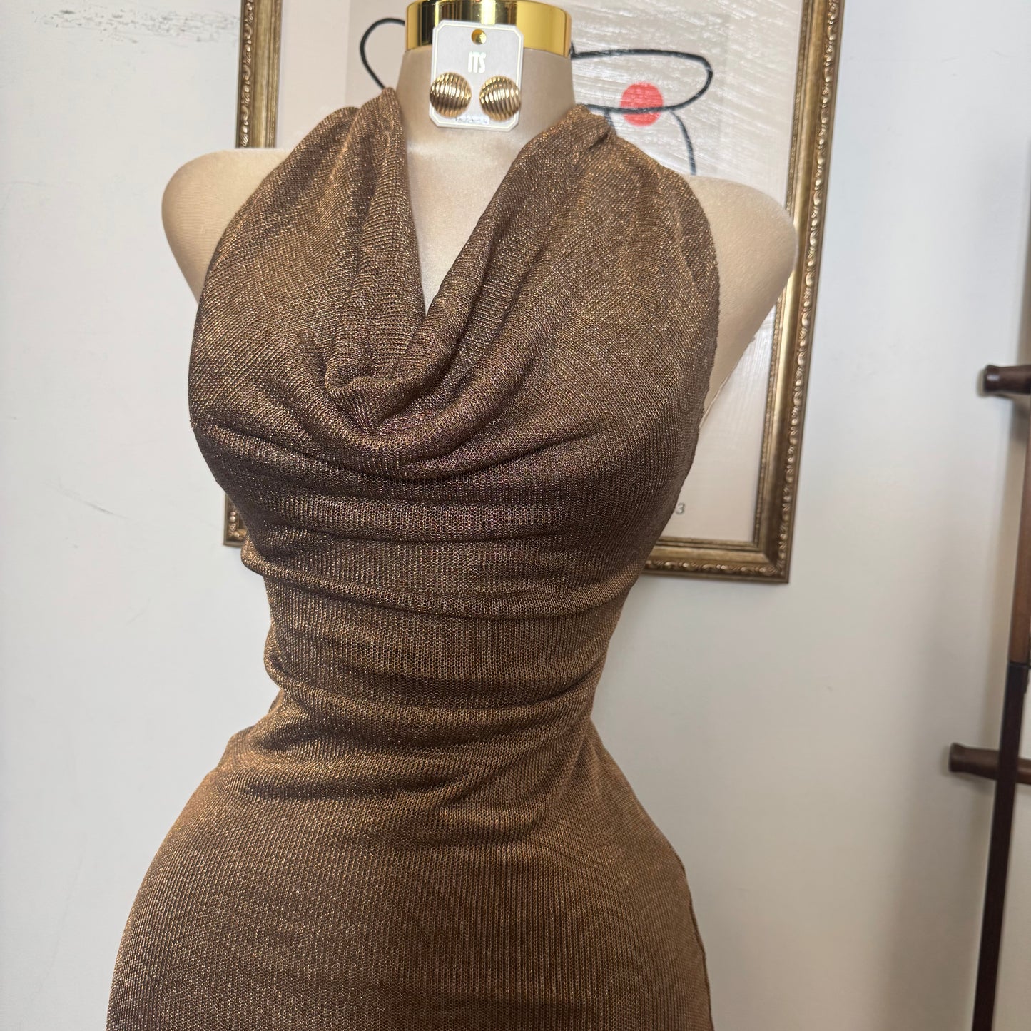 Halter Cowl Neck Metallic Knit Maxi Dress-brown