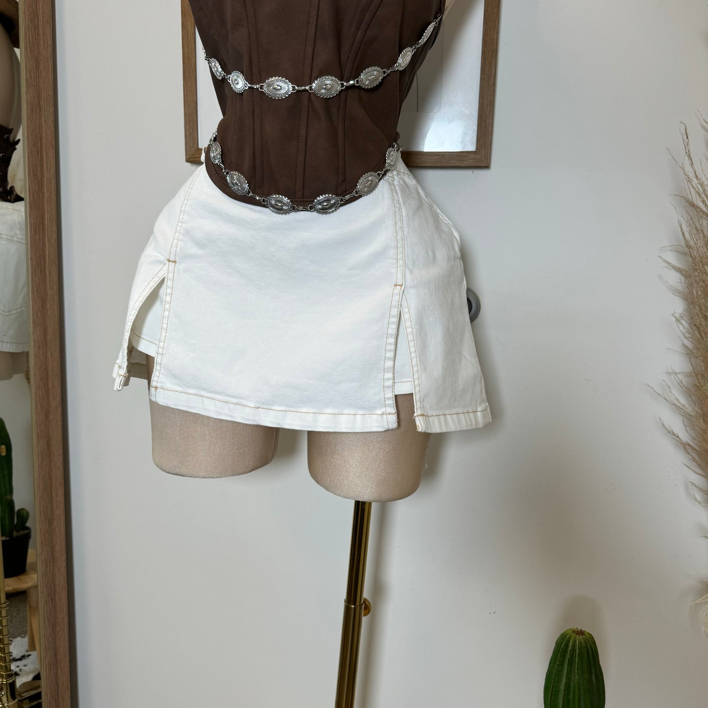 Double Side Slit Denim Skort-White