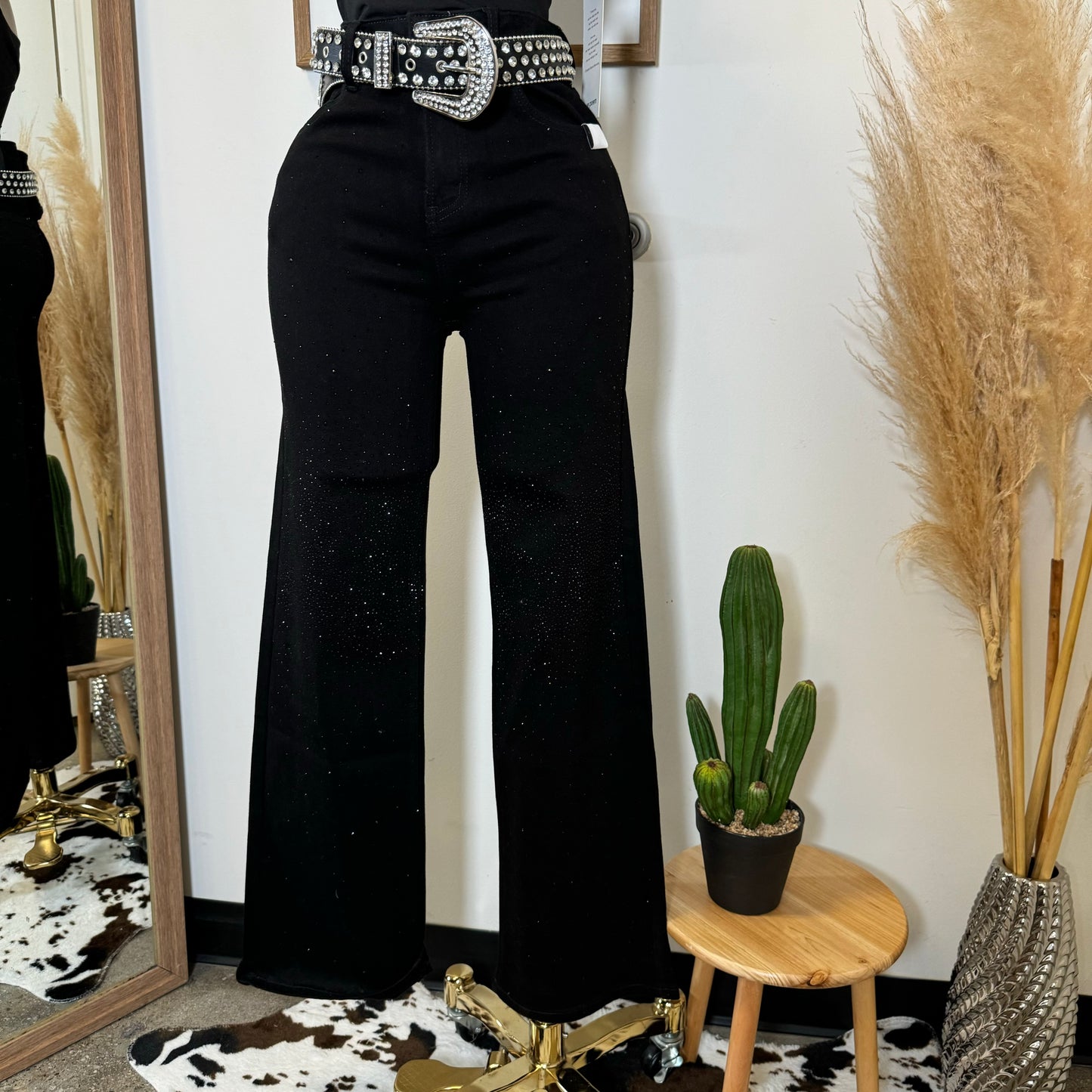 Flare Rhinestone Jeans-Black