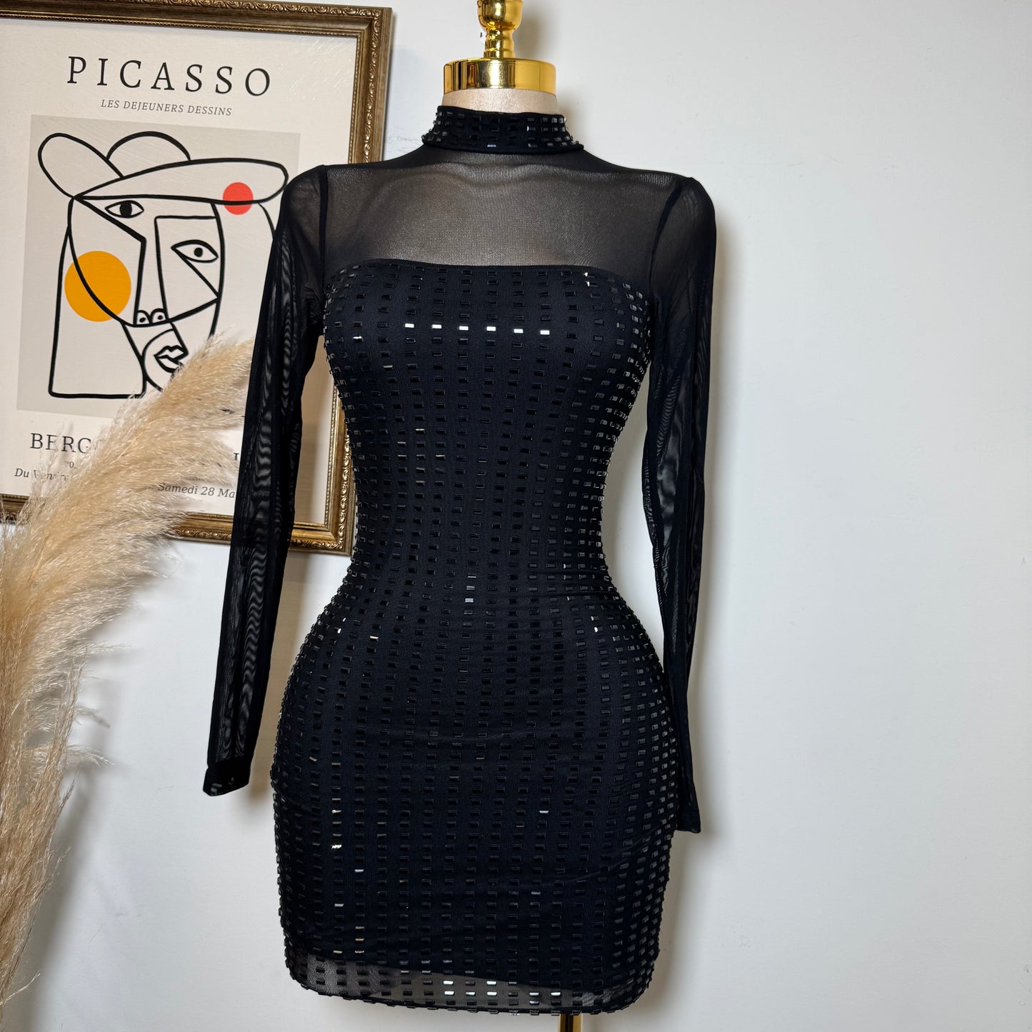 Ivette Rectangle Rhinestone Mini Dress-Black