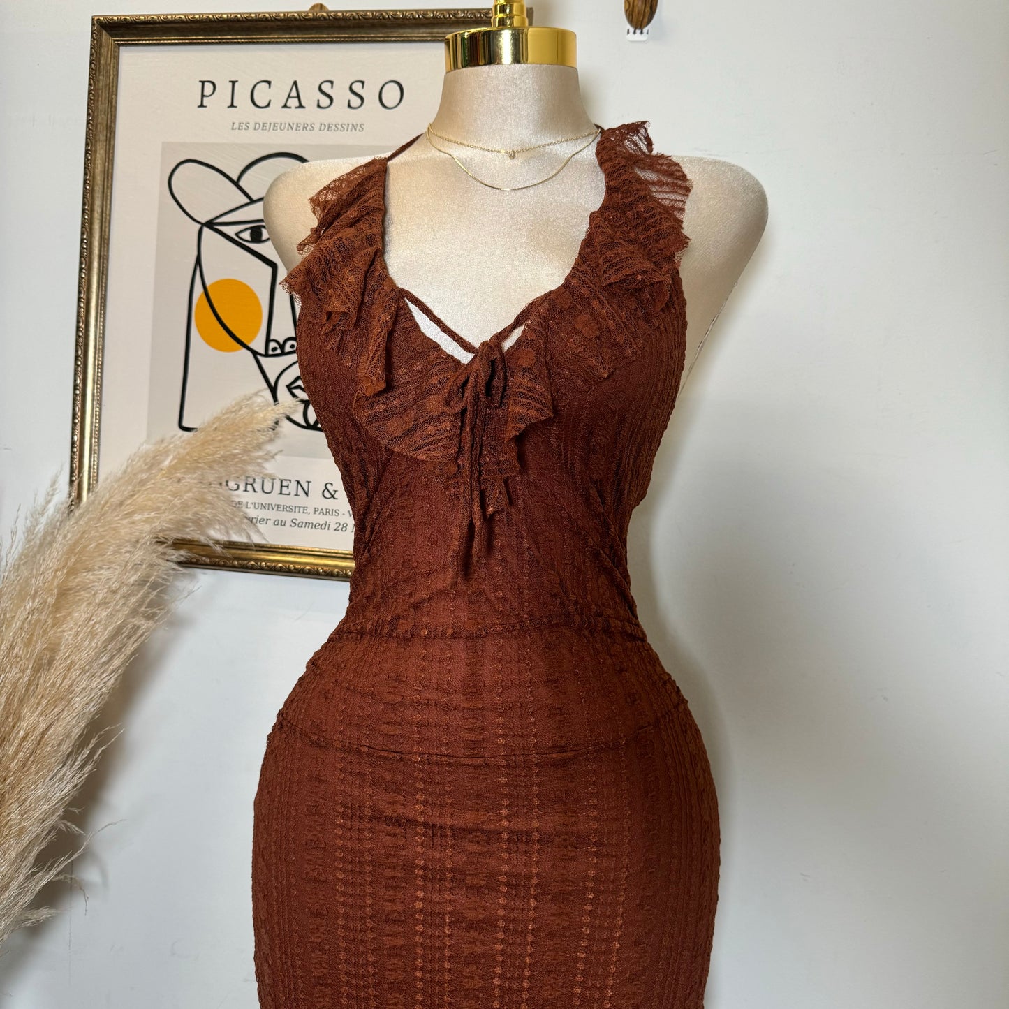 Lace Open Slit Halter Dress-Rust