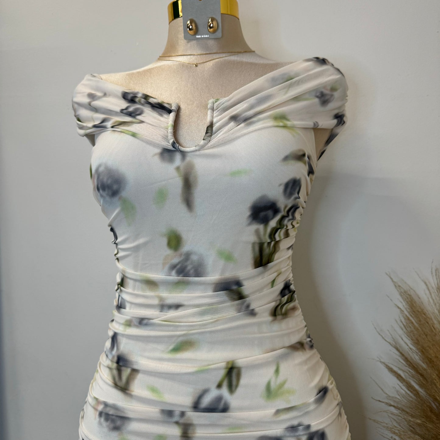 Spring Off shoulder Dress-Cream Multi