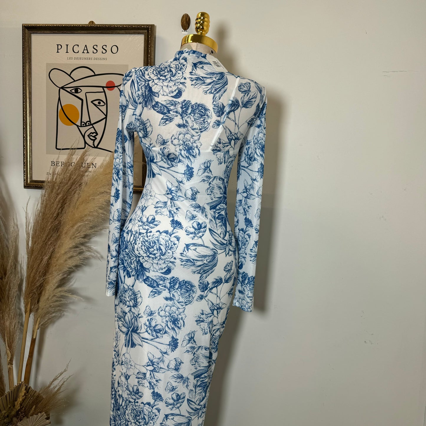 Rose Midi Mesh dress-Blue/White