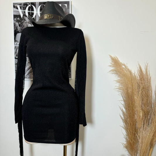 Fringed Metallic Bodycon Dress-Black