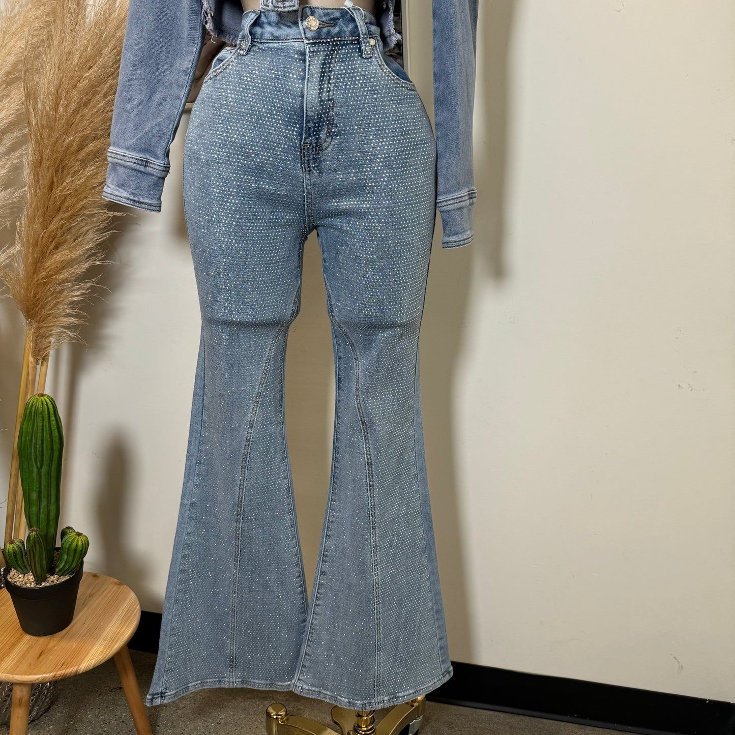 Rhinestone Flare Jeans-Blue