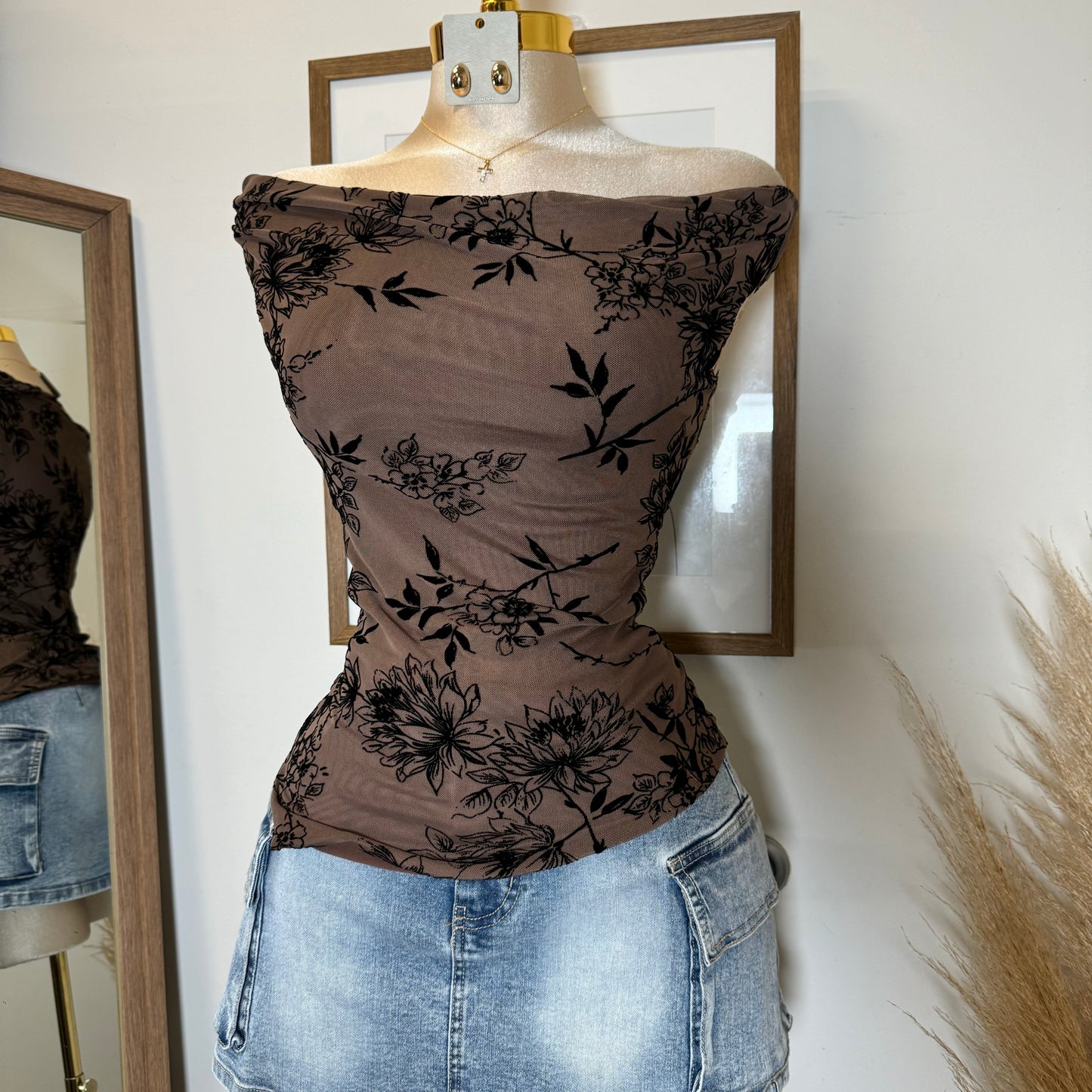 Elina Flocked Mesh Off Shoulder Top-Mocha
