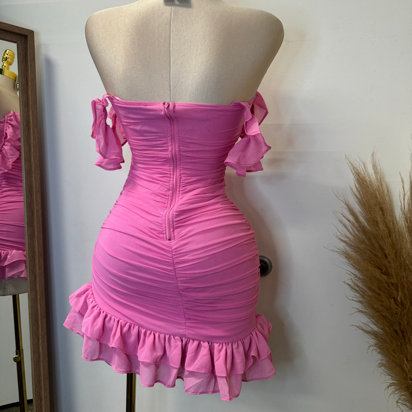 Annalise  Off Shoulder Mesh Asymmetrical Ruffle Hem Dress-Pink