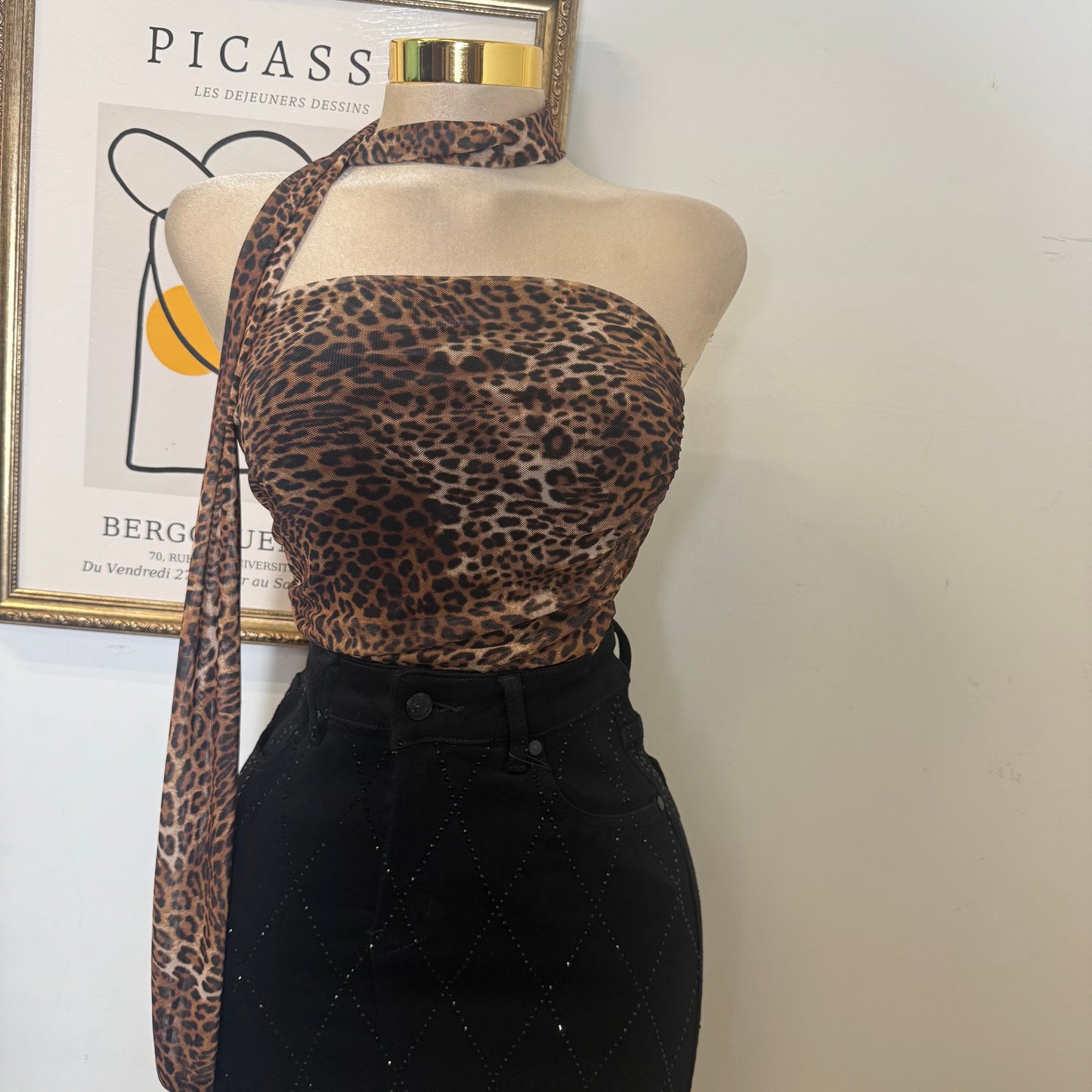 Leopard Mesh Print Tube w/ Tie Around neck Lining-Leopard