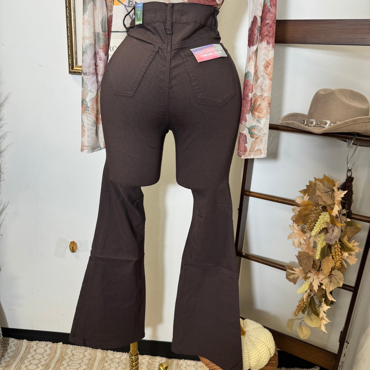 High Rise Hyper stretch Flare Jeans-Brown