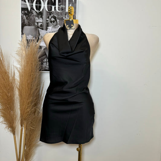 Santa Silky Halter Dress-Black