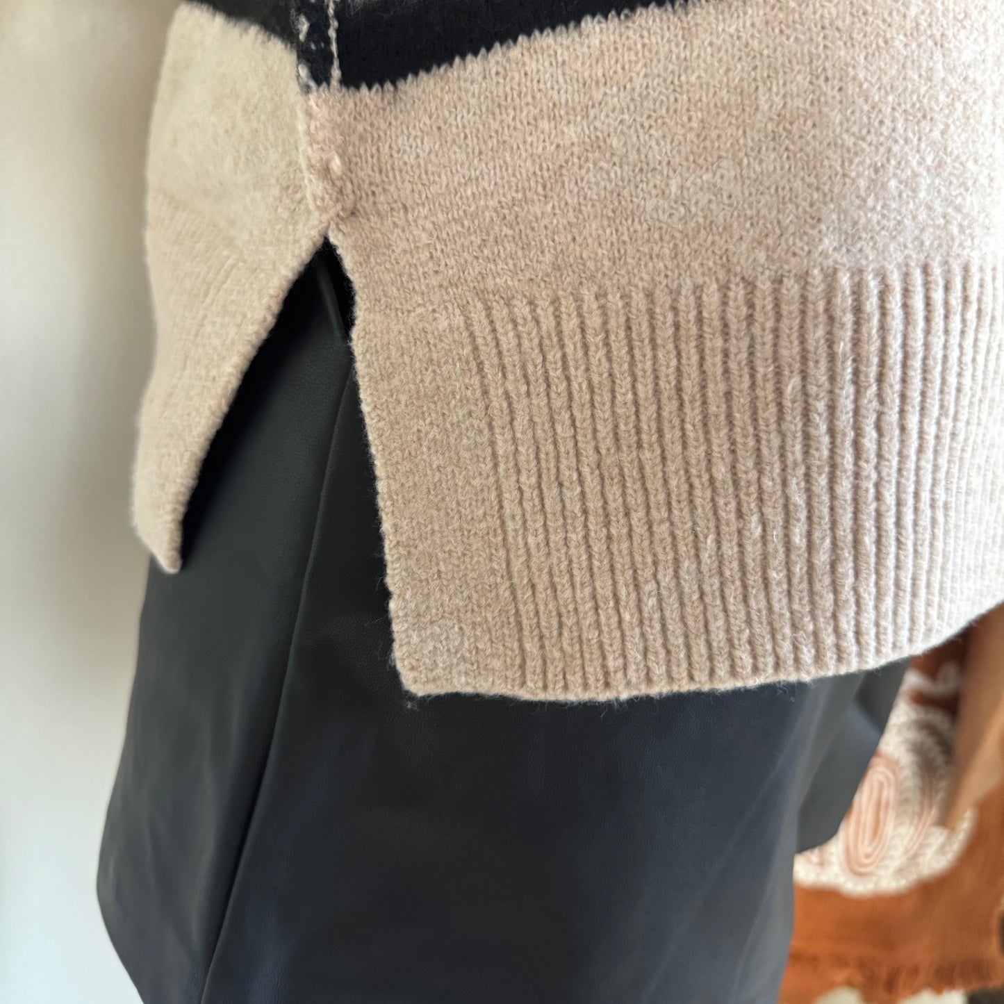 V-Neck Stripes Polo Sweater- Beige