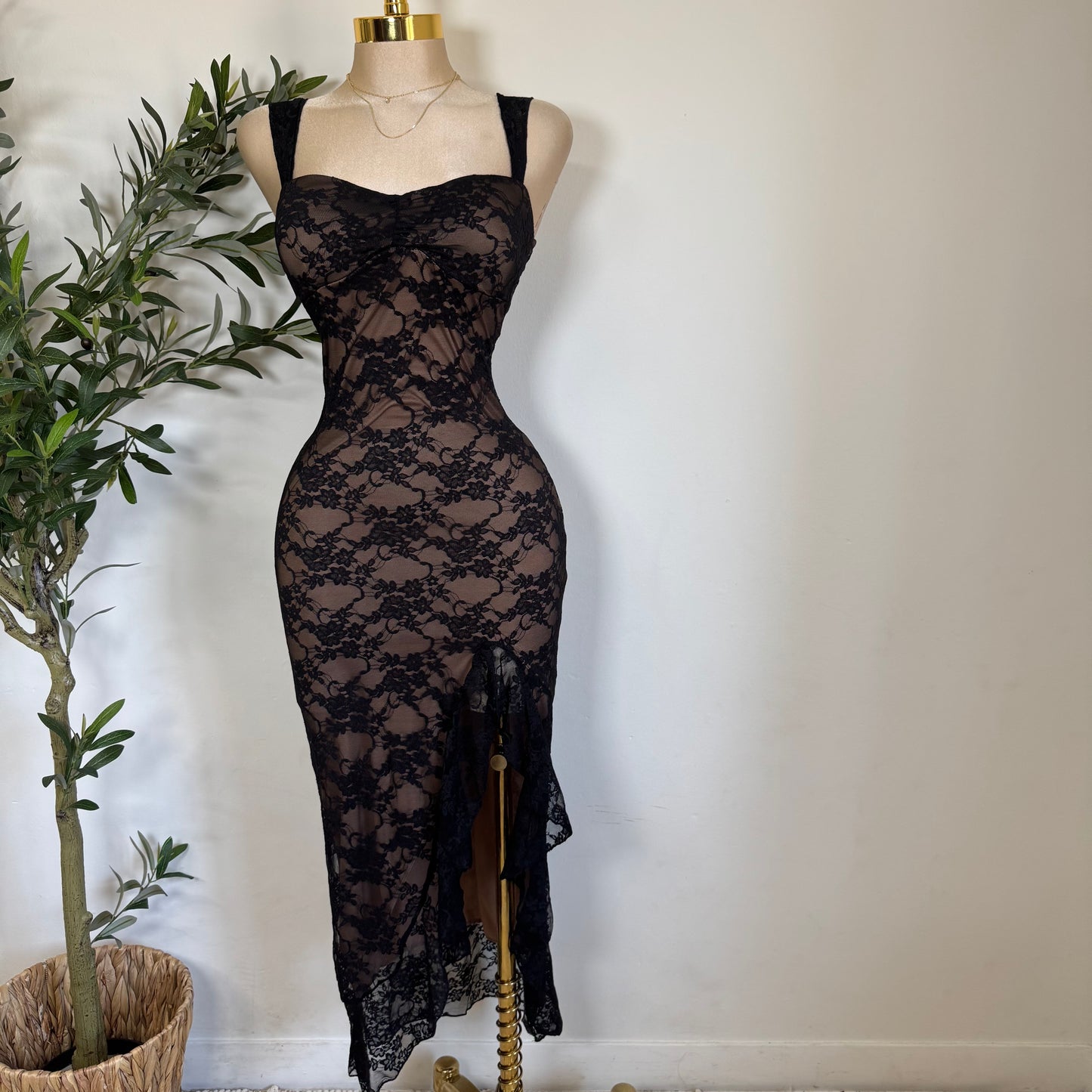Lace Open Slit Dress-Black