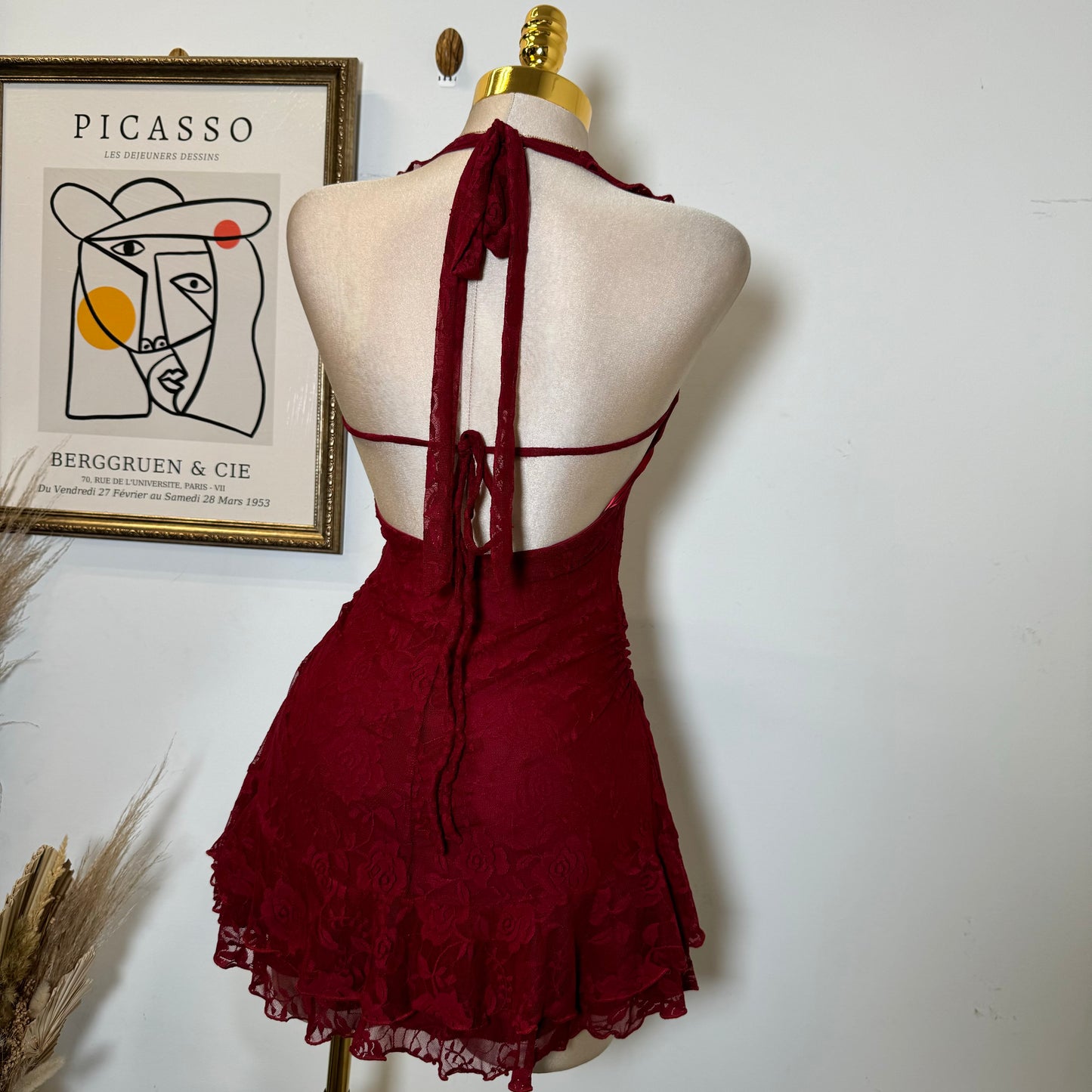 Amy Lace Halter Dress-Burgundy
