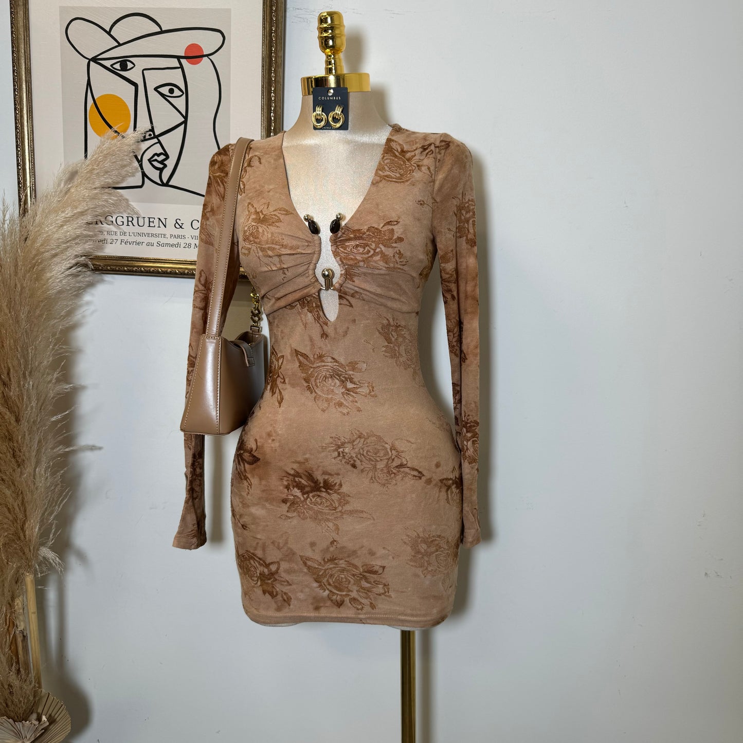 Brushed Knit Velvet Flocking Long Dress-Camel