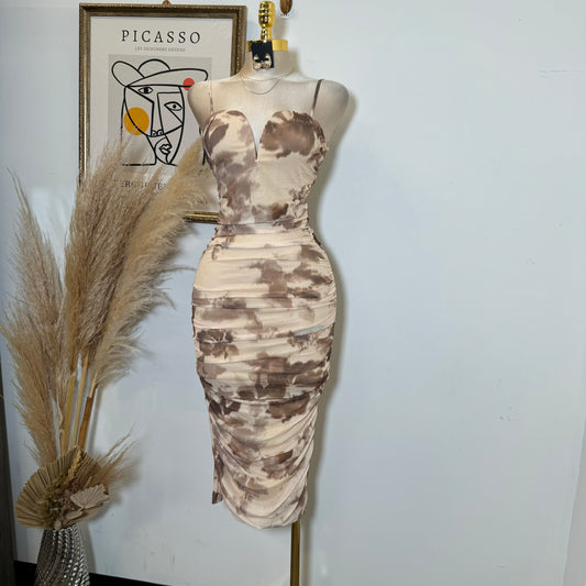Mesh Print Midi Dress-Brown