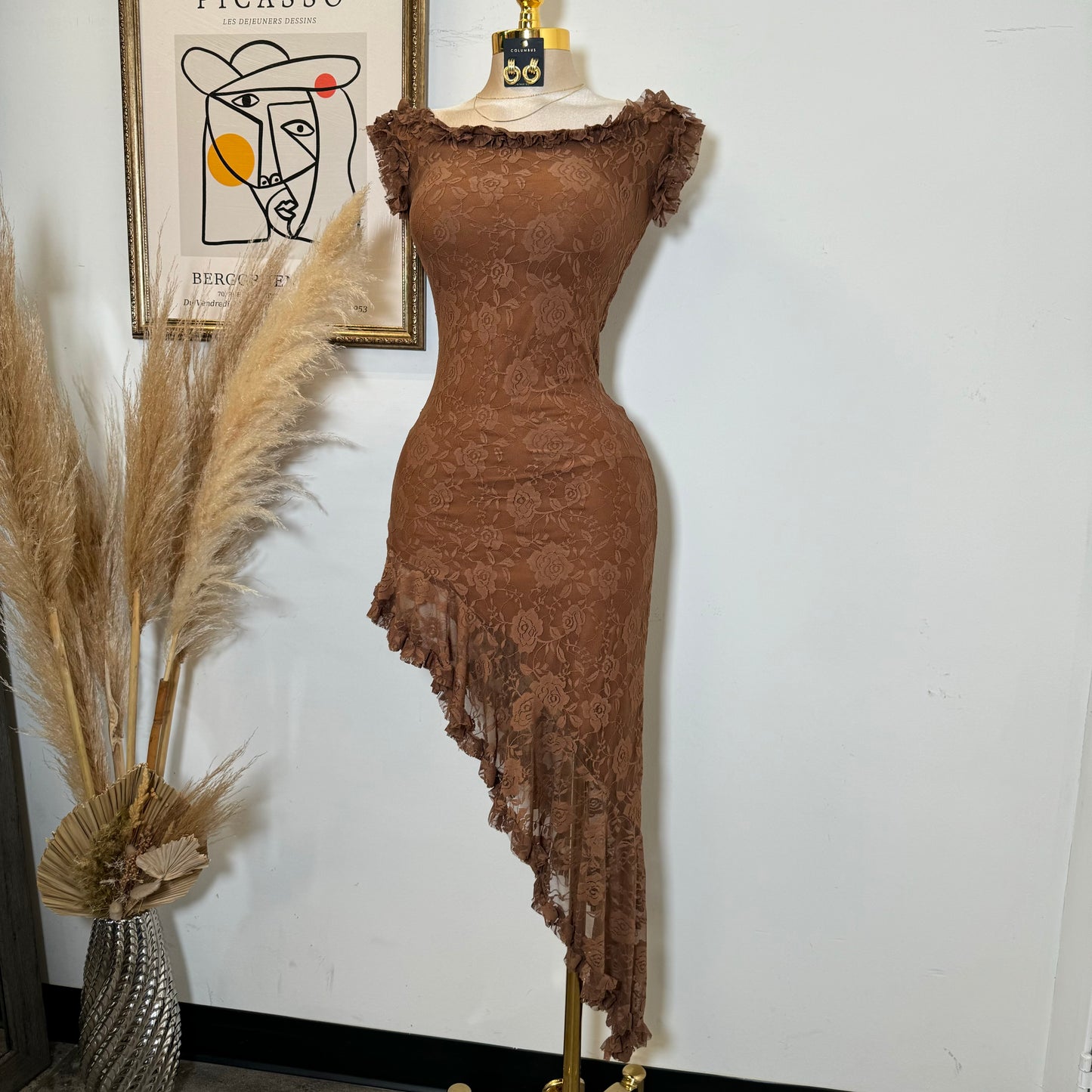 Off Shoulder Short Sleeve Lace Dress-Brown