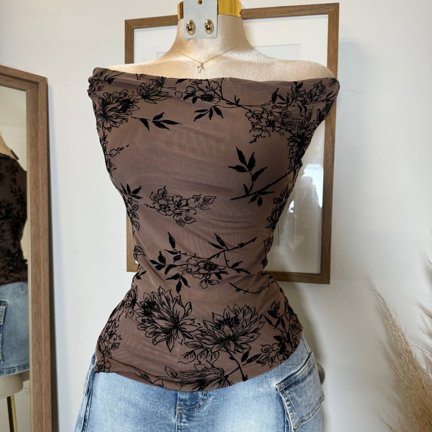 Elina Flocked Mesh Off Shoulder Top-Mocha