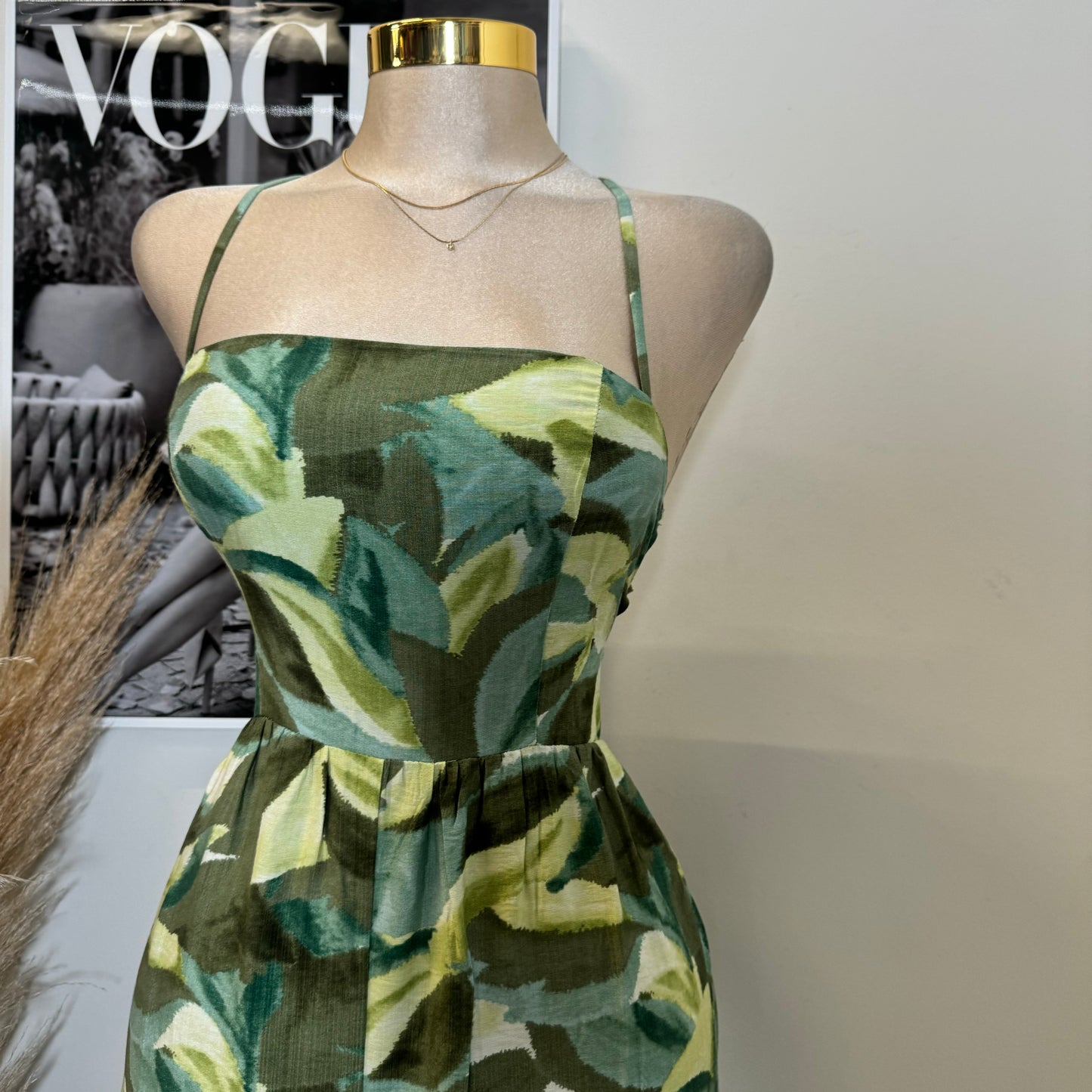 Linen Print Square Neck Back Lace up Jumpsuit-Green