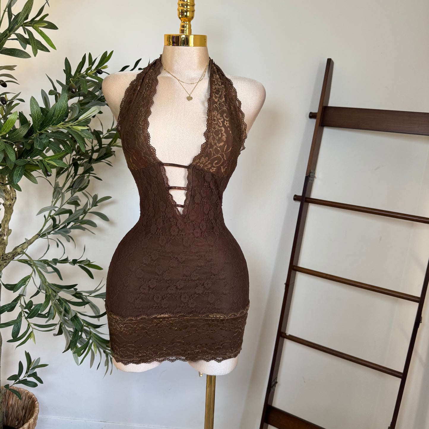 Sexy Lace Mini Dress-Brown