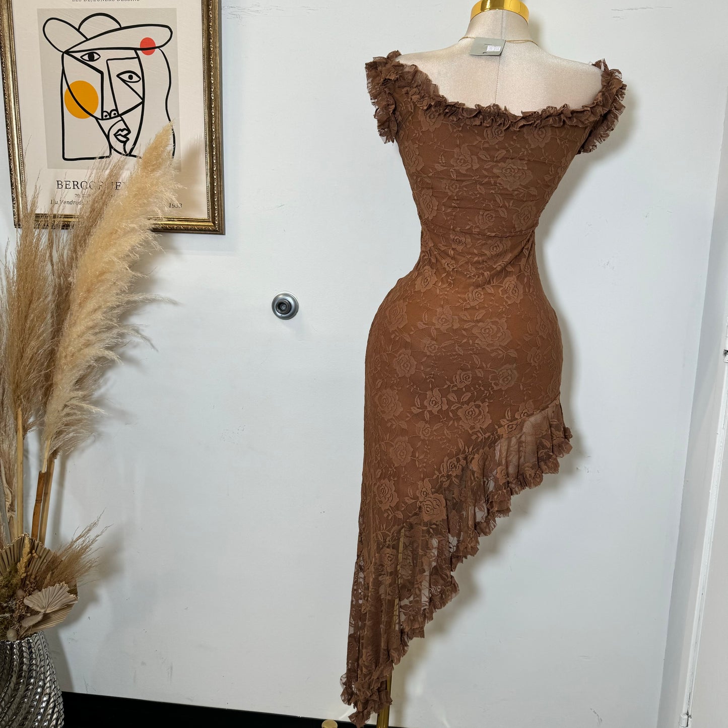 Off Shoulder Short Sleeve Lace Dress-Brown