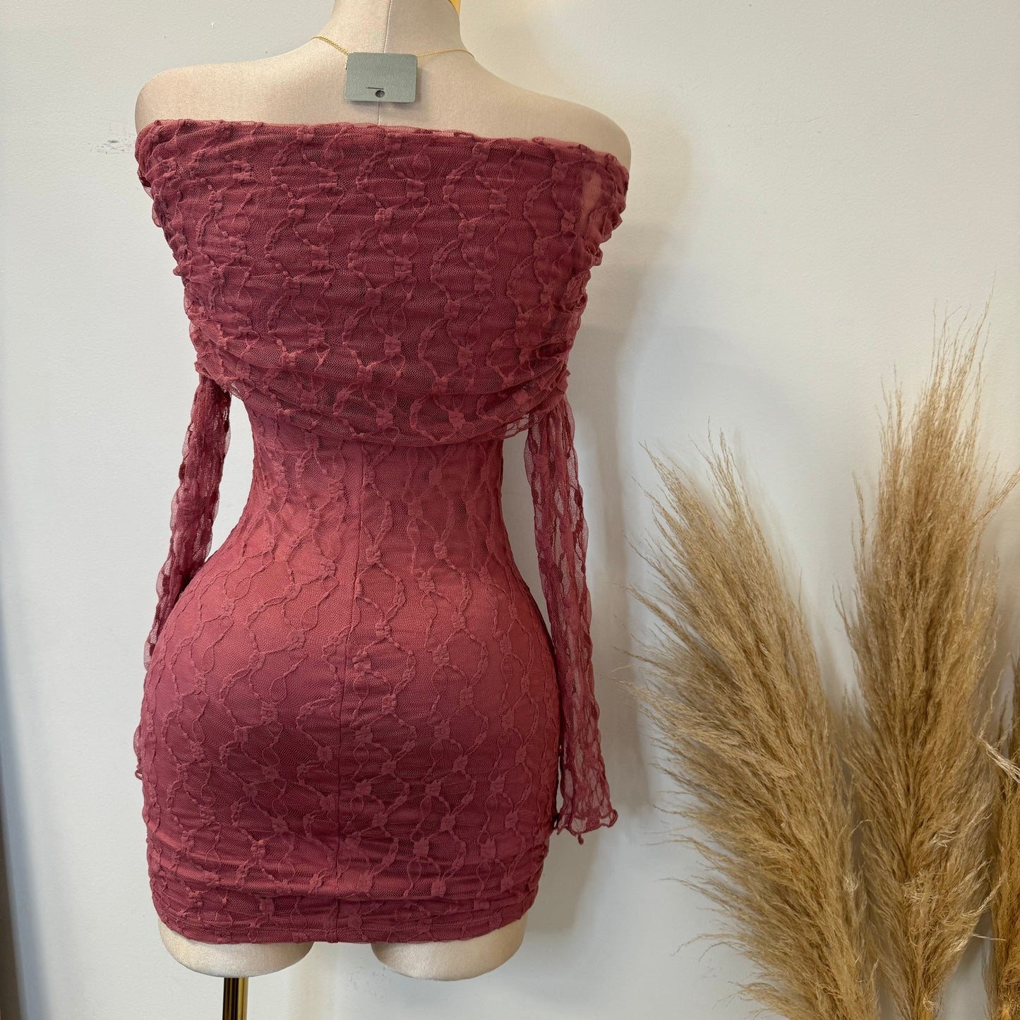 Lace Off shoulder Dress-Pink