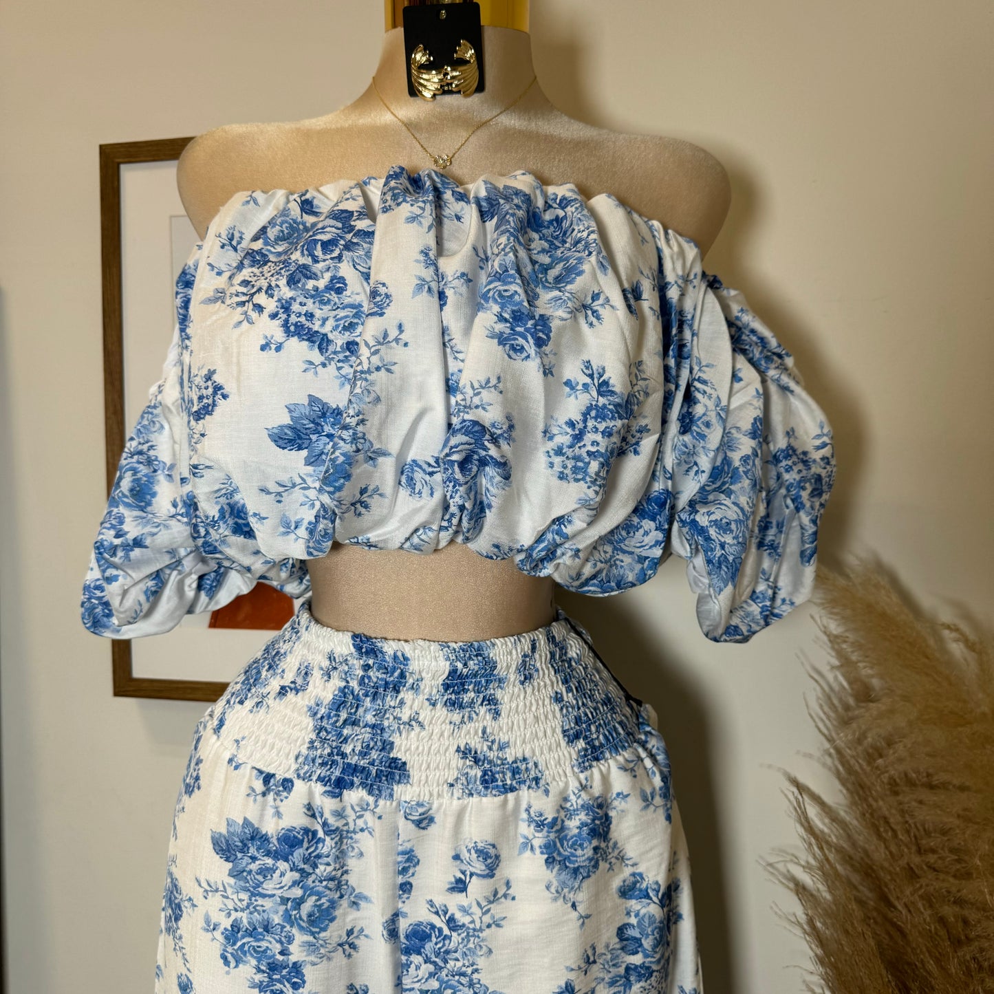 Off Shoulder Floral Top and Pant-Blue/White