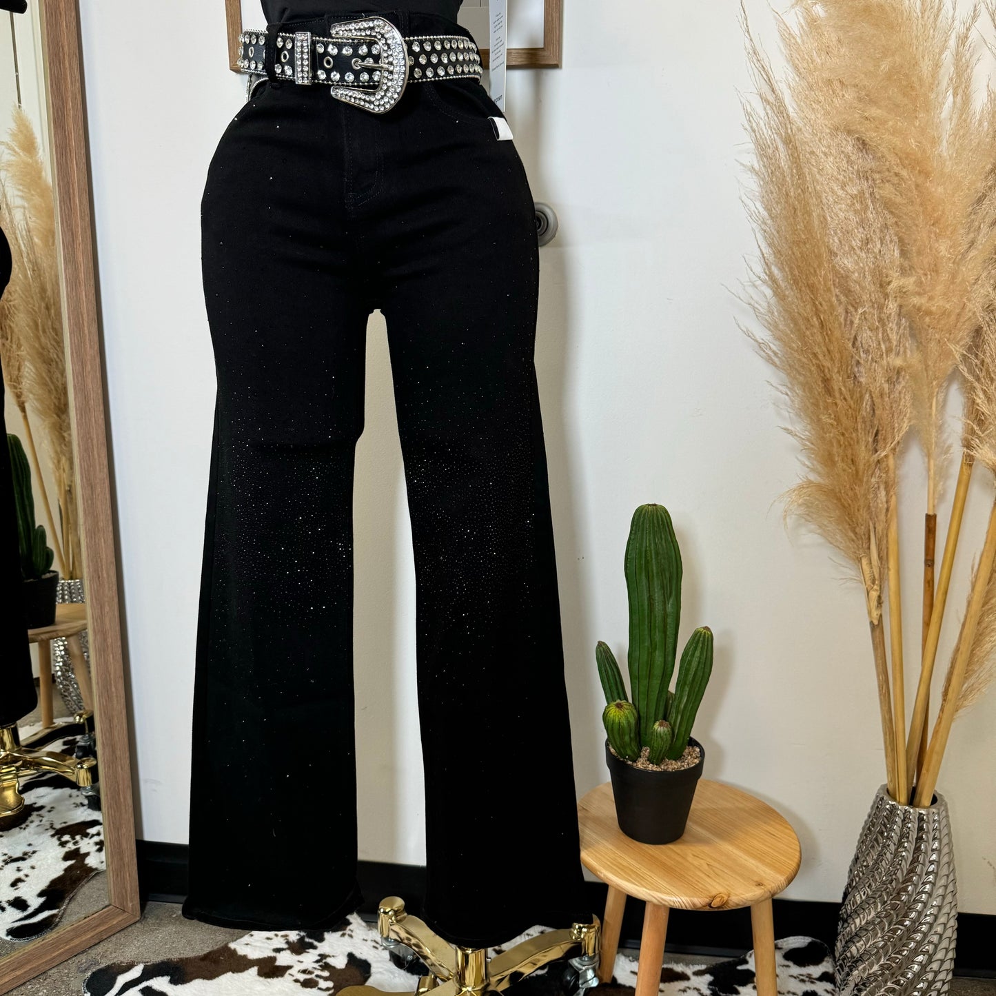 Flare Rhinestone Jeans-Black