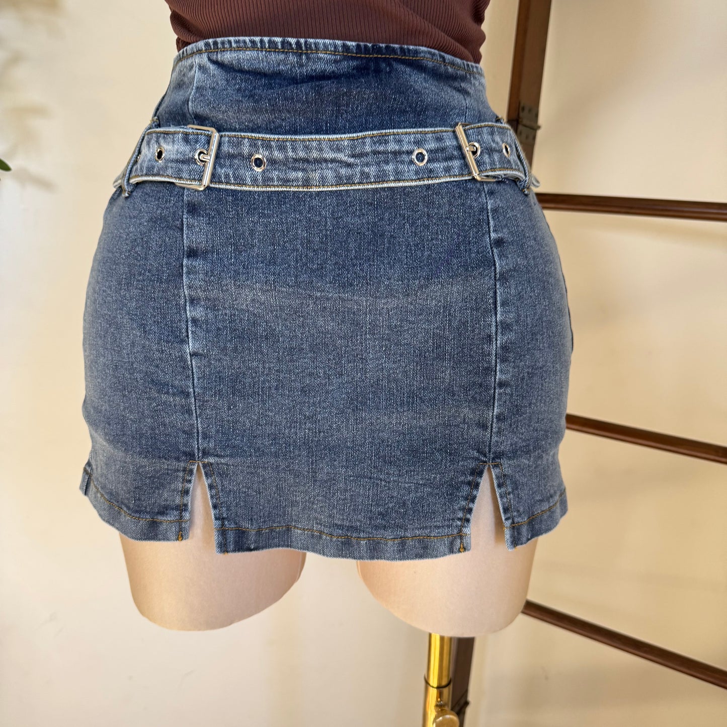 Belted Denim Mini Skirt with short-Blue