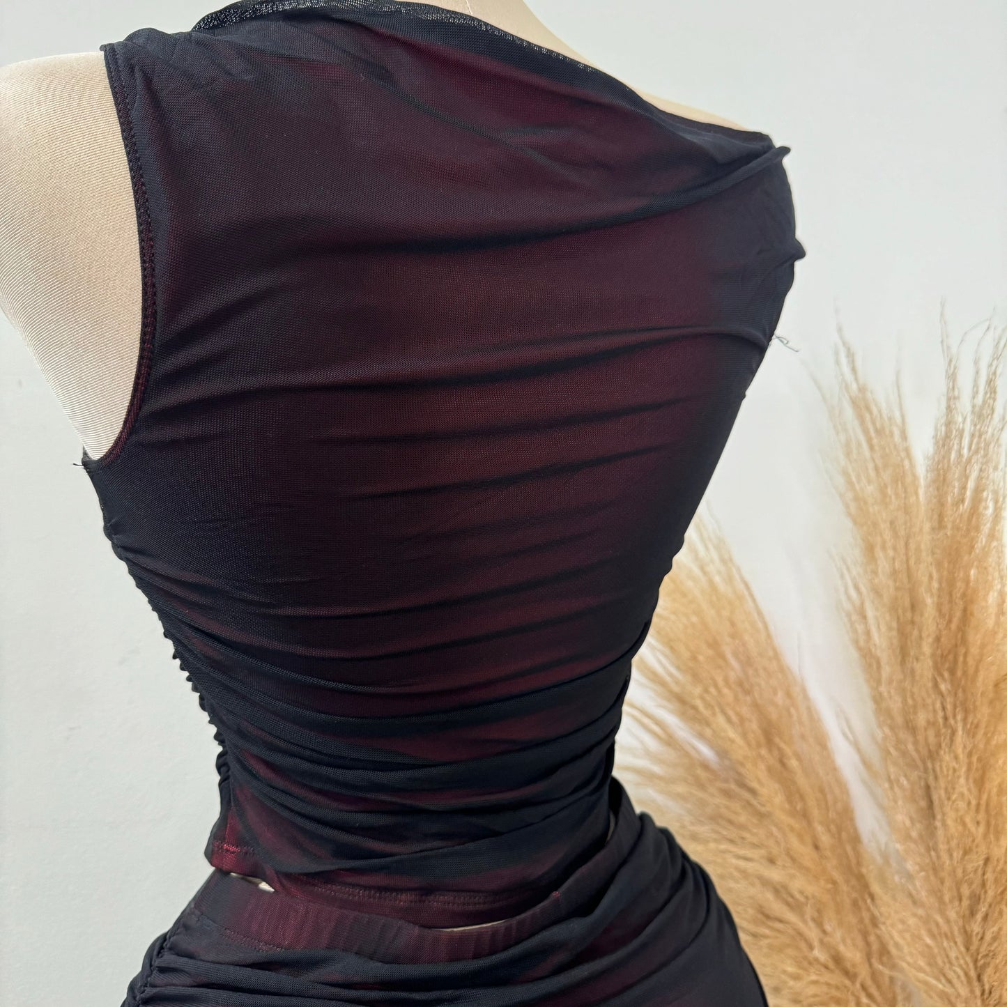 Luxel Asymmetrical Skirt Two Set-Black/Red