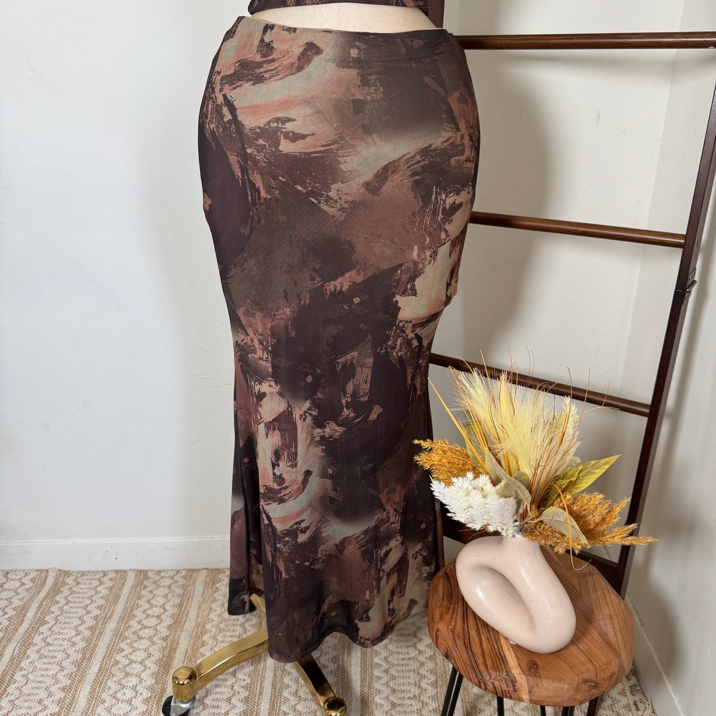 Two Piece Ruched Top Mermaid Maxi Skirt Set-Brown