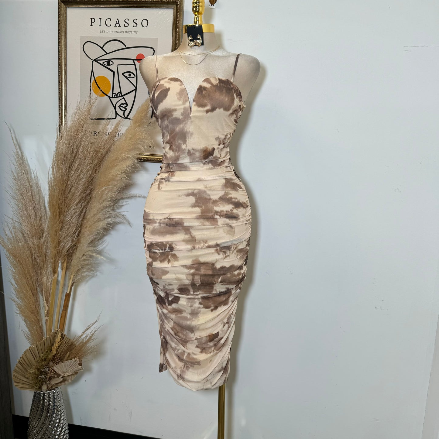 Mesh Print Midi Dress-Brown