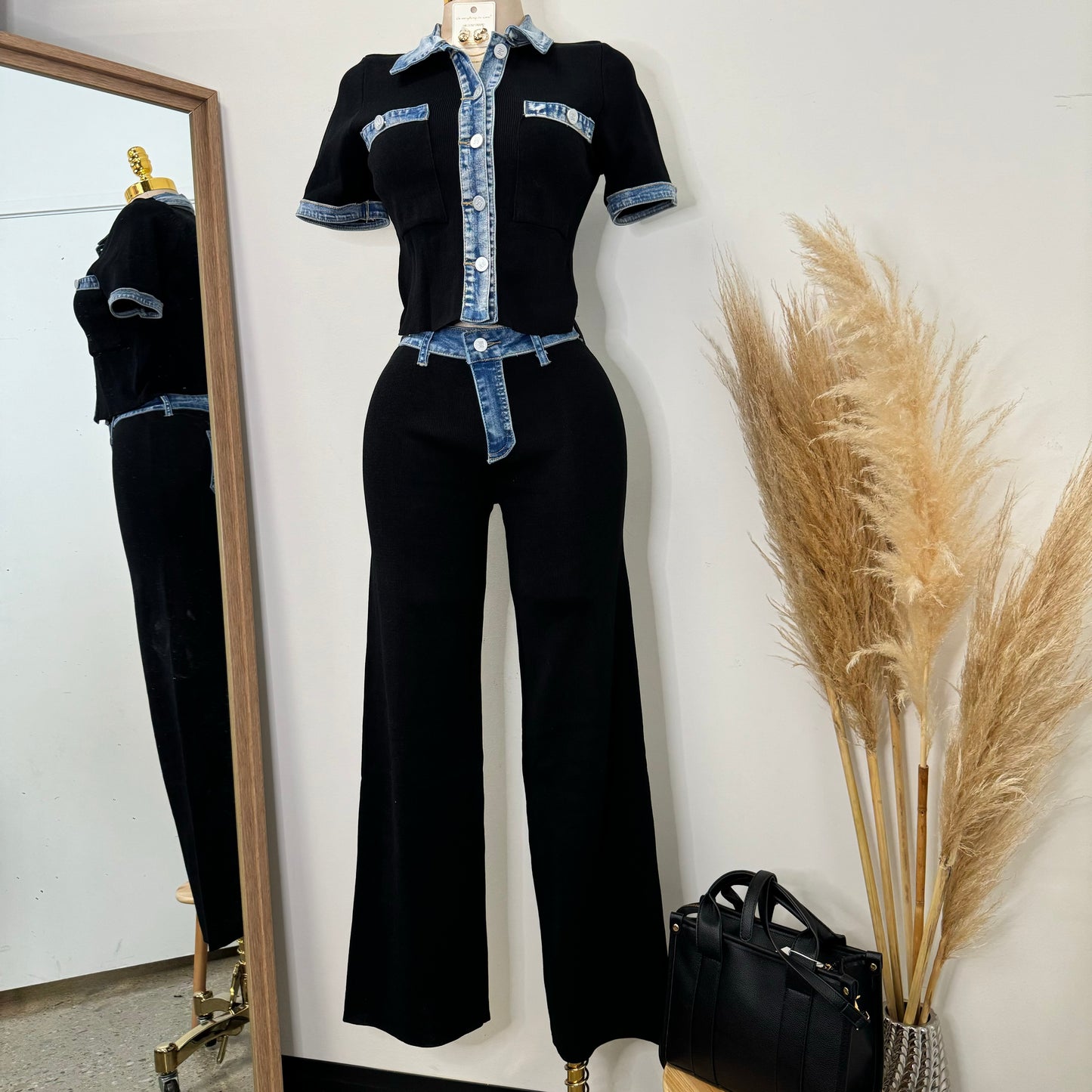 Street Chic Contrast Ribbed Denim Pant Set-black