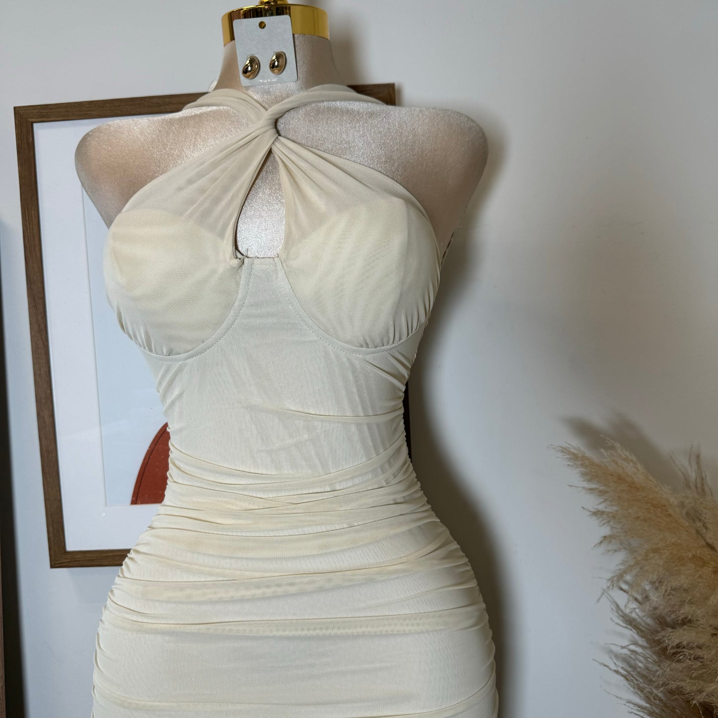 Inara Mesh Twist Halter Neck Midi Dress-Ivory1