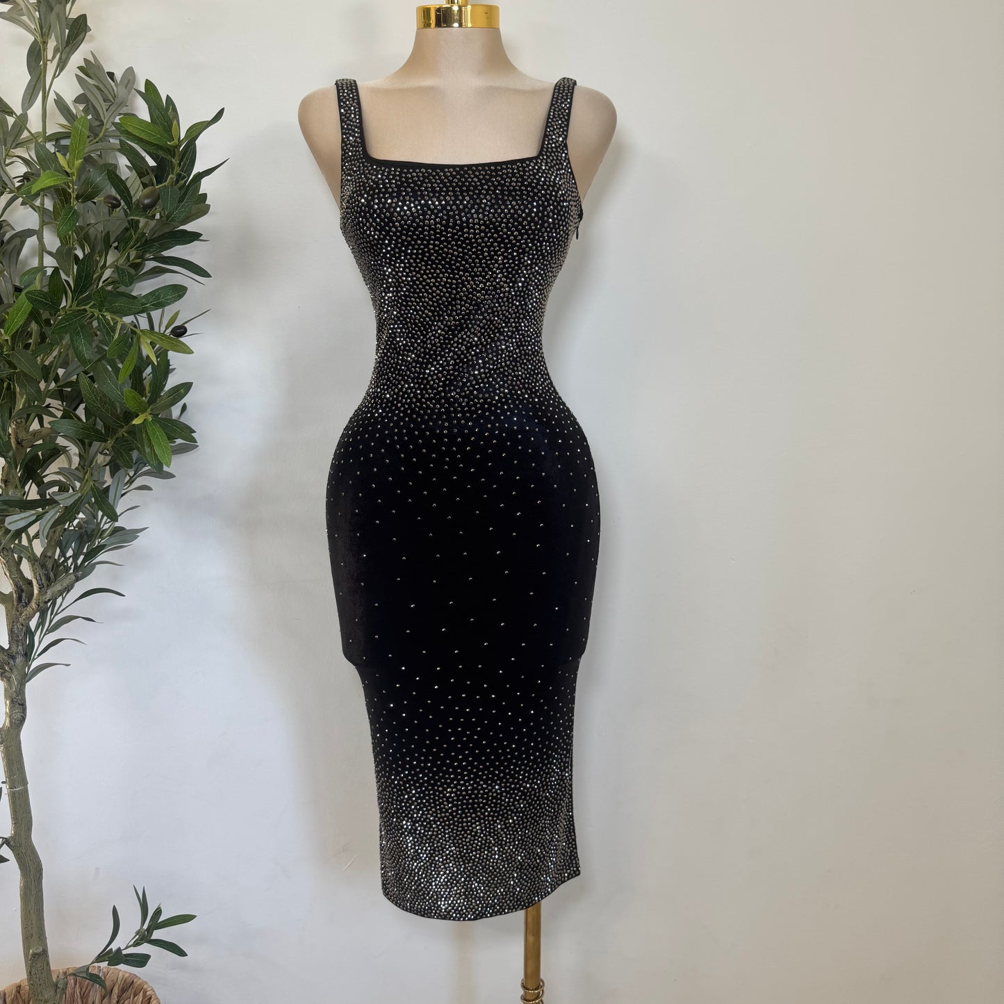 Rhinestone Midi Dress Square Neck Sleeveless-Black