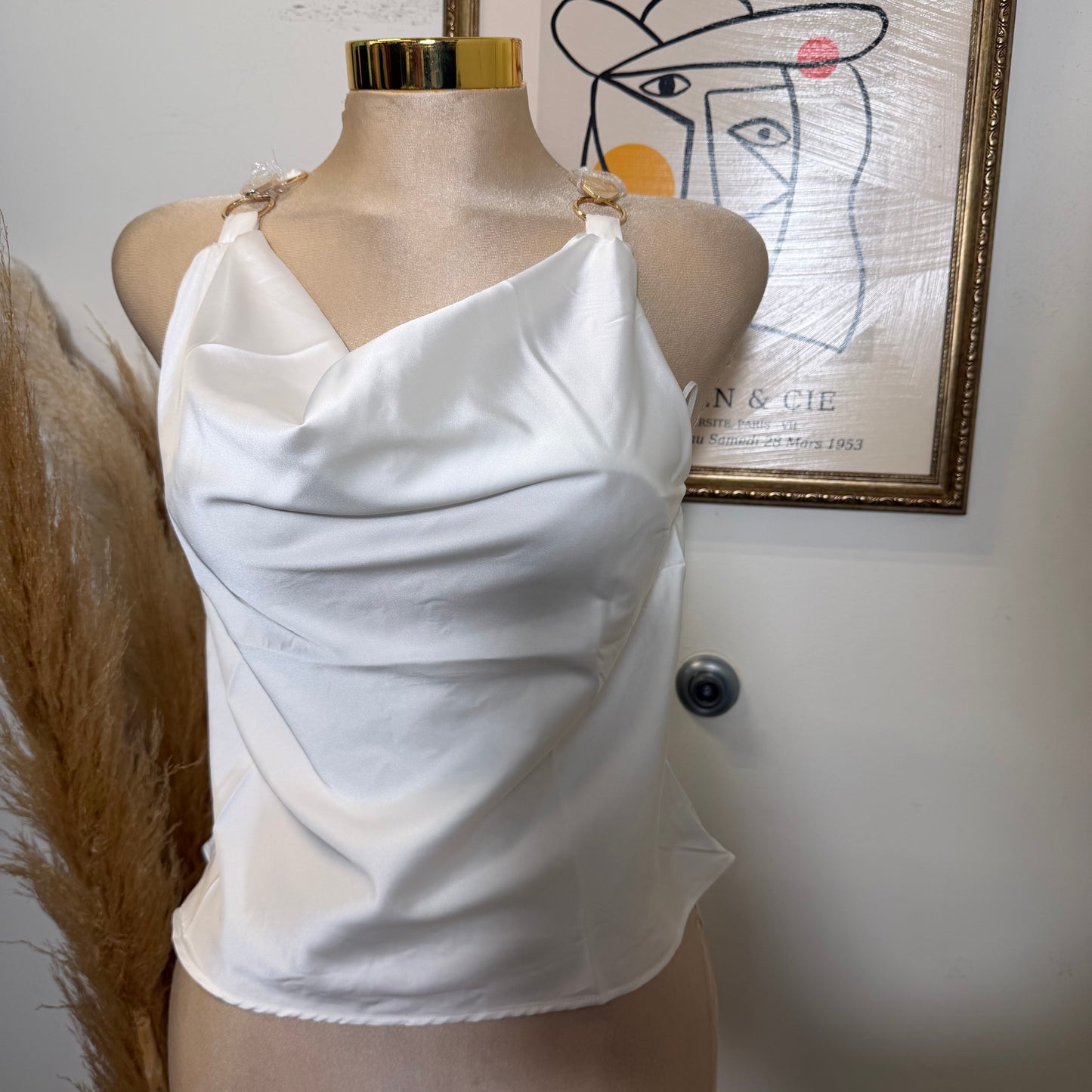 Satin Cowl-Neck Top w/ Gold Ring Details-White