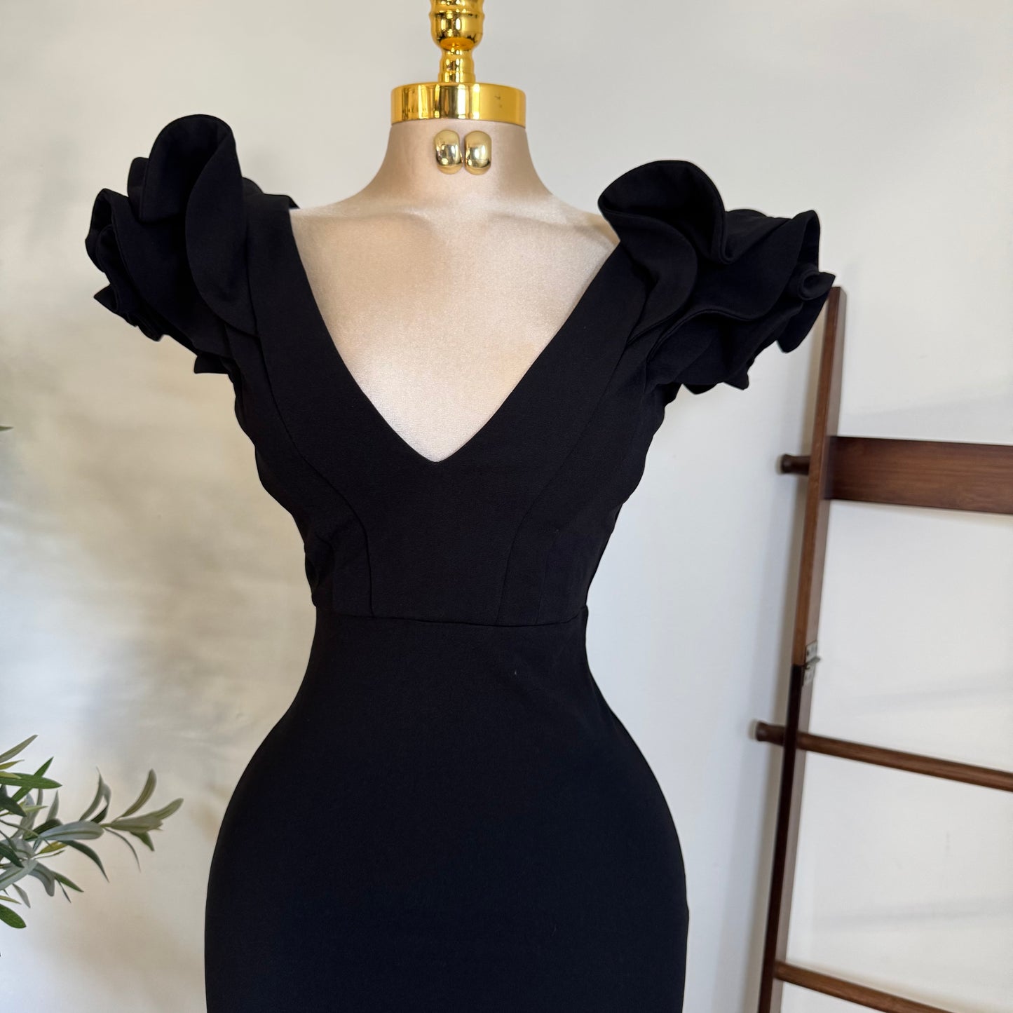 Ruffle Detail Shoulder Midi Dress-Black