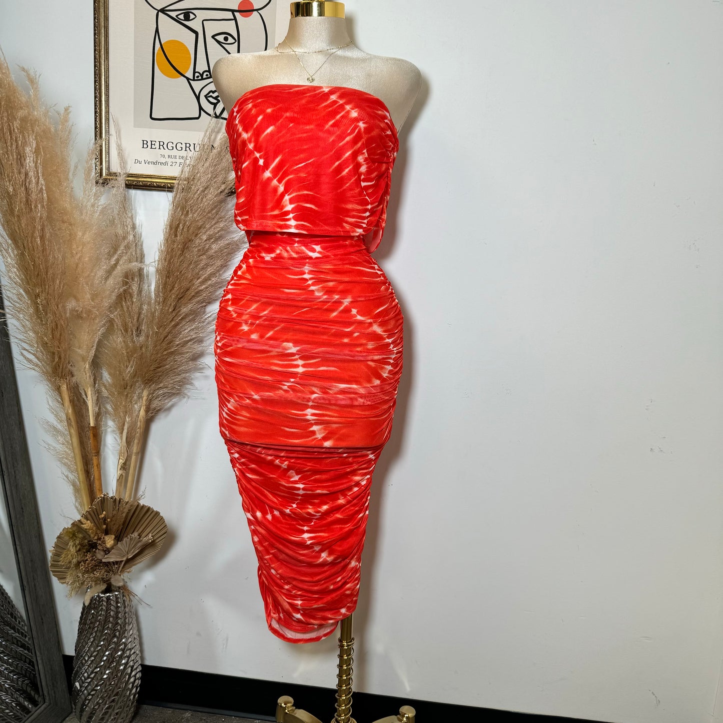 Off Shoulder Mesh Dress-Orange