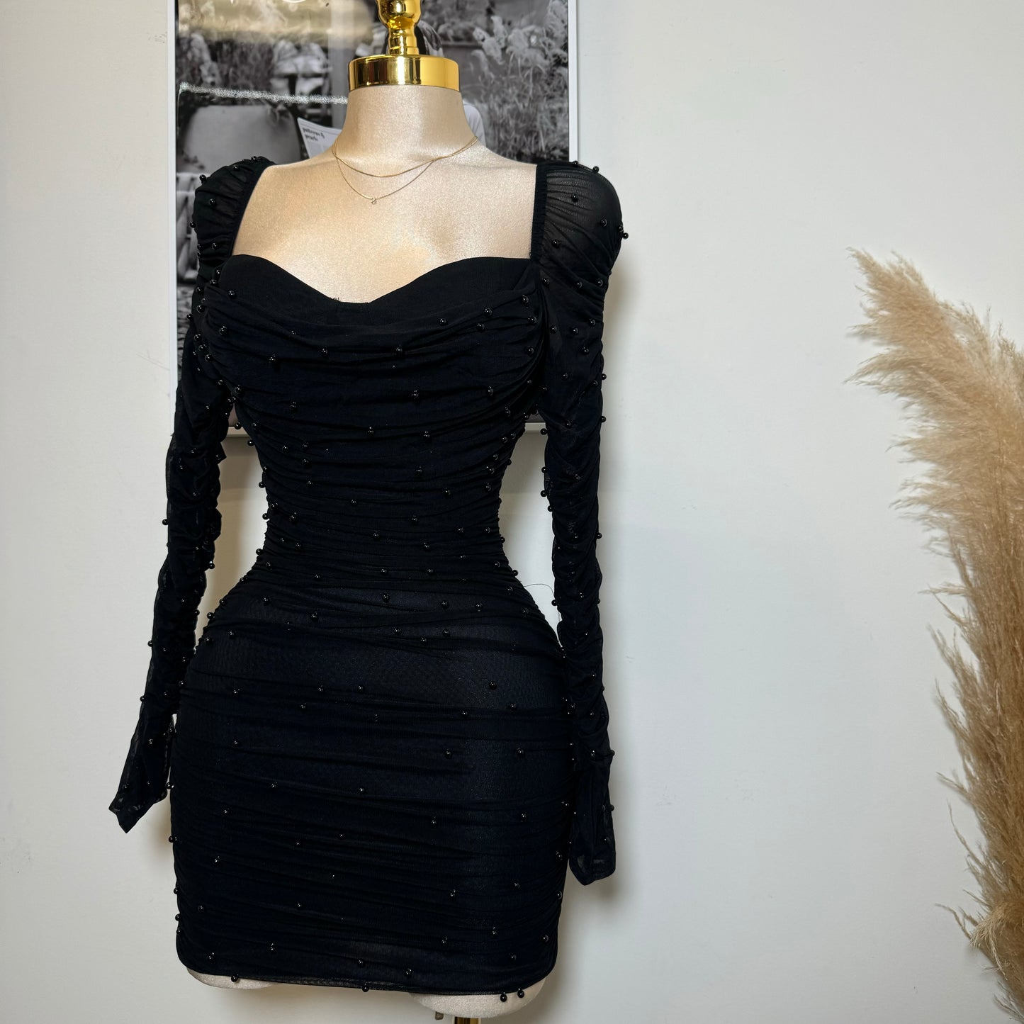 Meghan Pearl Mesh Dress-Black