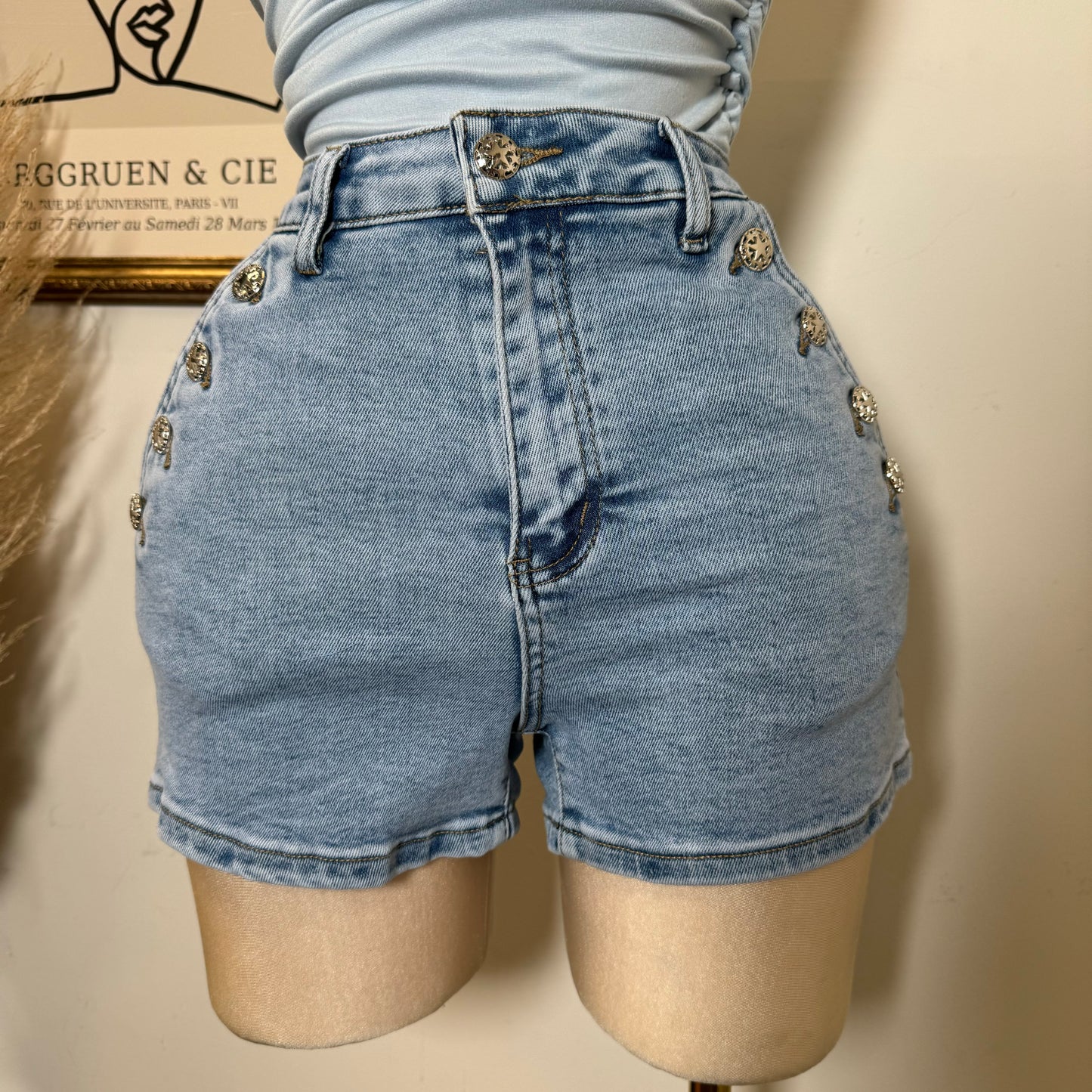High Waisted Shorts Silver Button-LT Blue