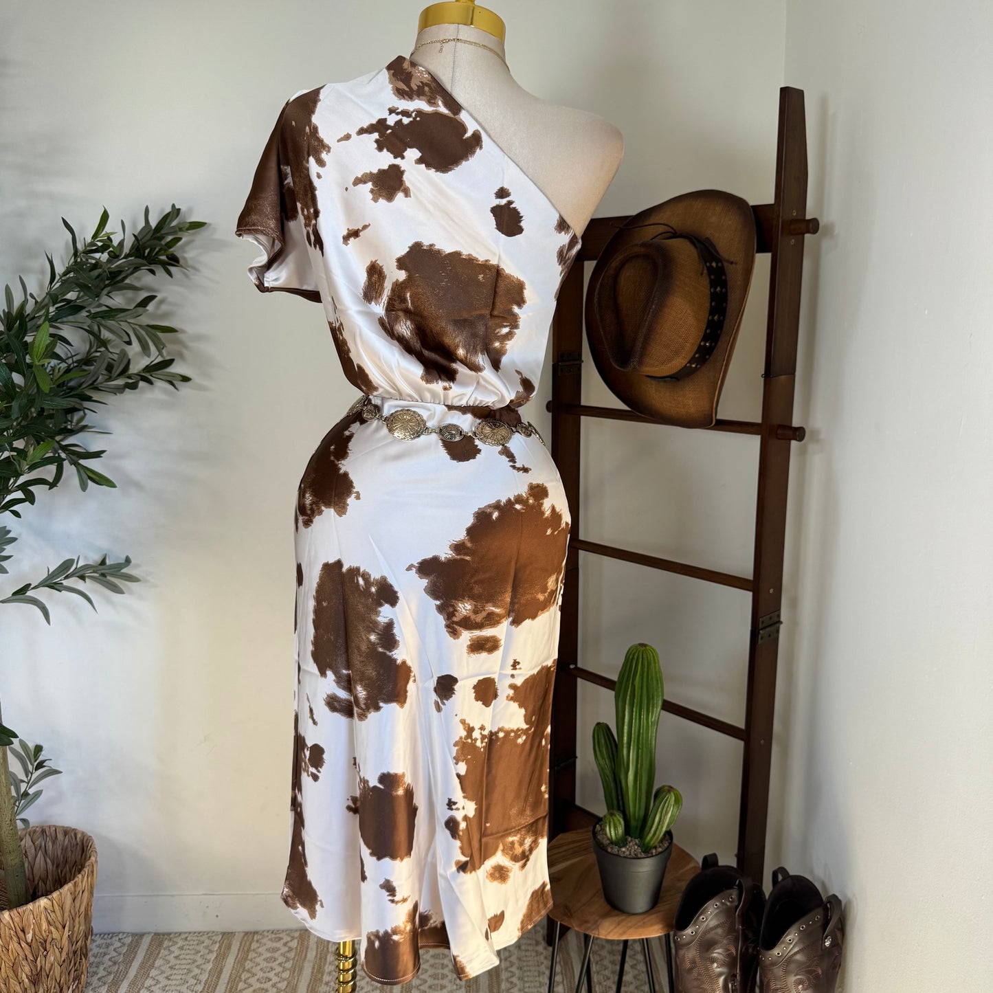 One shoulder Satin Cow Print Dress-Brown