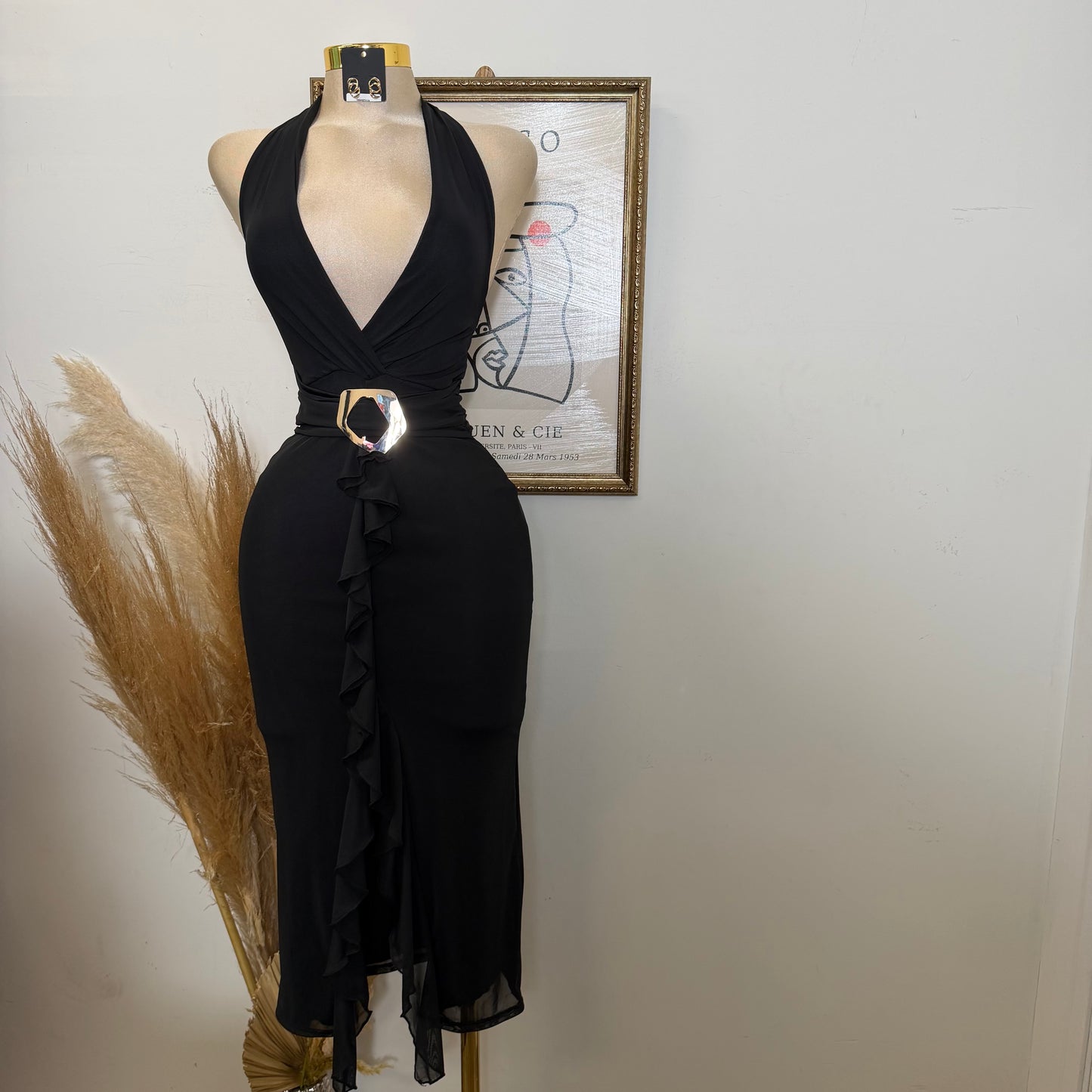Halter self tie front ruffle midi dress-Black