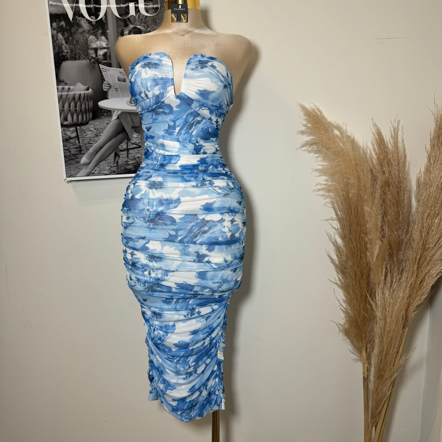Strapless Mesh Print Dress-Baby Blue/White